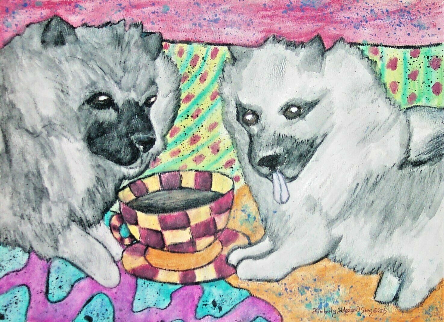 Keeshond Collectible 11x14 Art Print Drinking Coffee by Artist KSams