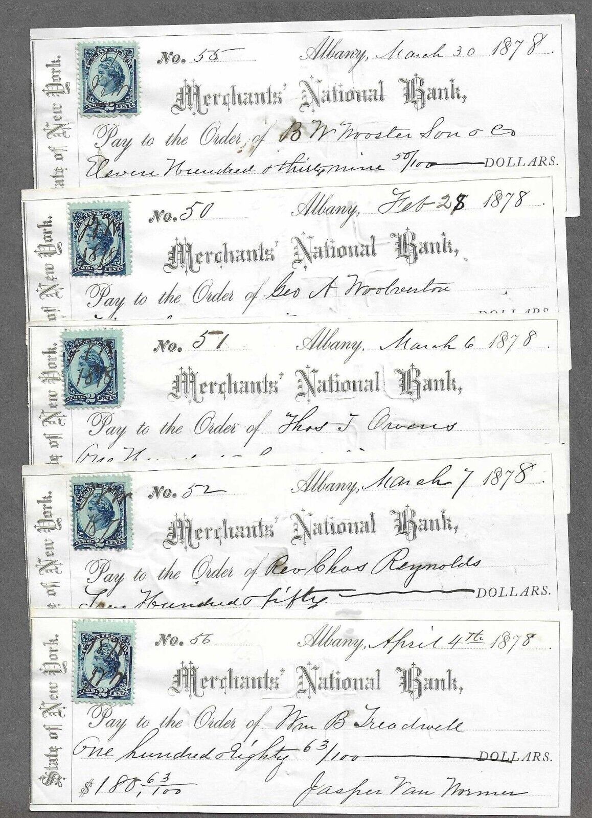 5 Albany New York Bank Checks 1878