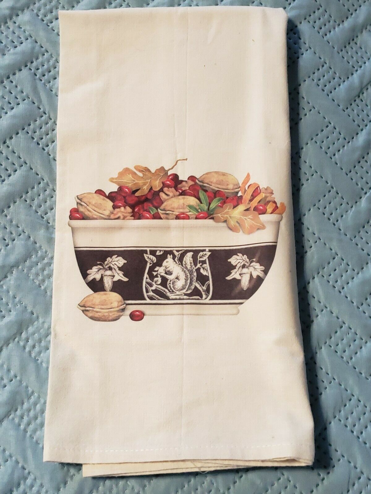 Vintage Large Kitchen Tea Dish Towel Nuts and Berries in a  Squirrel Bowl