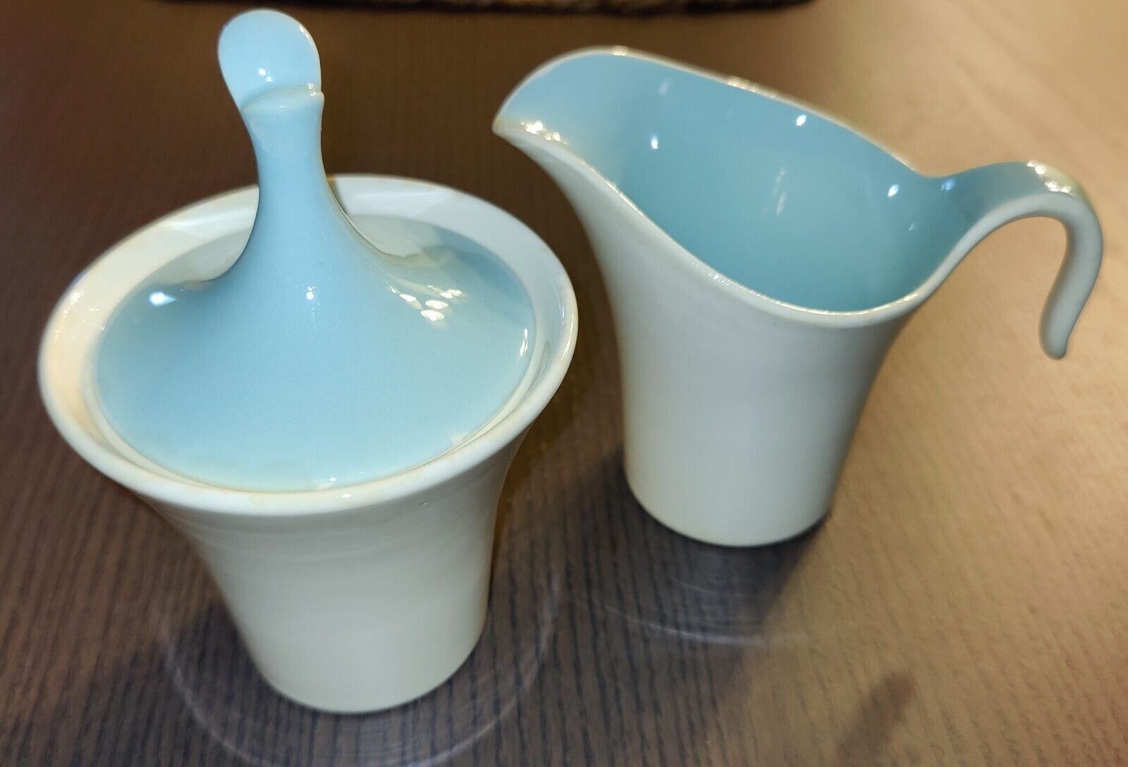 VTG Harker Creamer Sugar Bowl Set Lid Star Lite Sky Blue MCM Style 