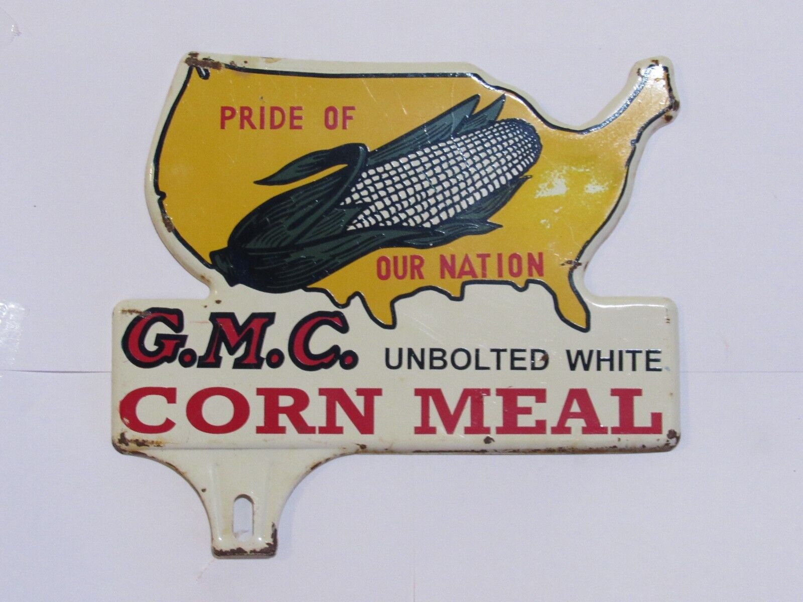 Vintage Genetically Modified Corn Meal Metal Car Badge License Plate Topper