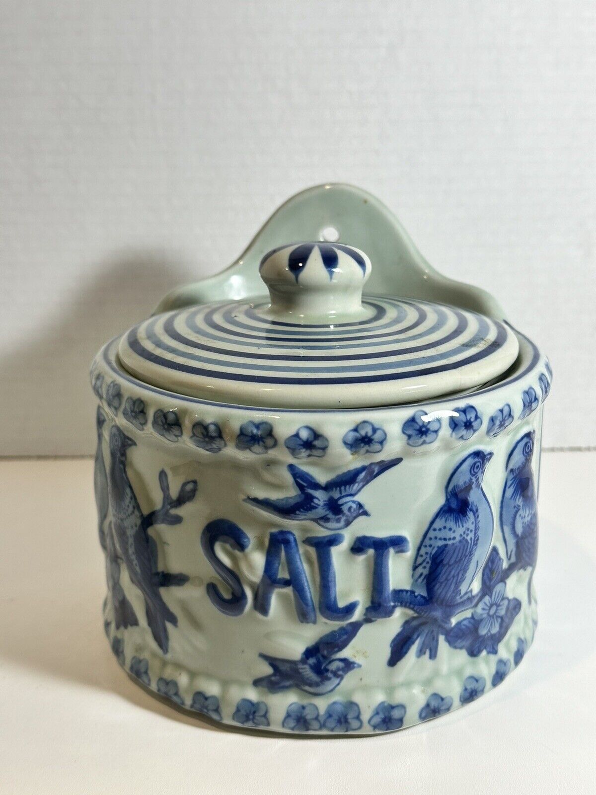 Salt Box Antique Victorian Ironstone Wall Mount Aqua Blue/Blue w/Birds Round