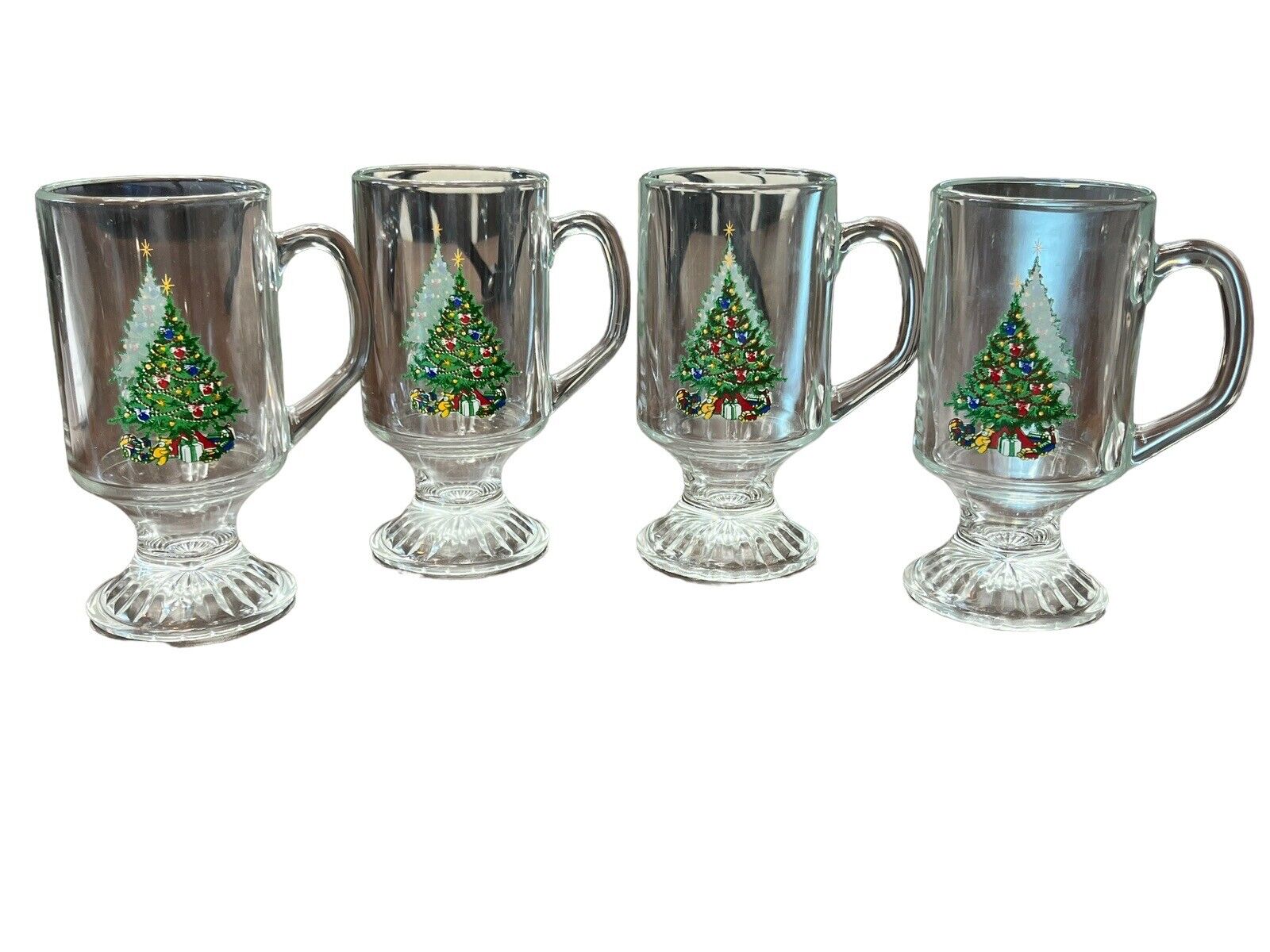 VINTAGE CHRISTMAS IRISH COFFEE CAPPUCCINO GLASS PEDESTAL MUG SET OF 4 LUMINARC