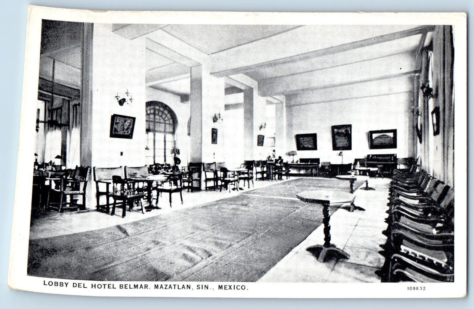 Mazatlan Sinaloa Mexico Postcard Lobby Del Hotel Belmar c1940's Vintage