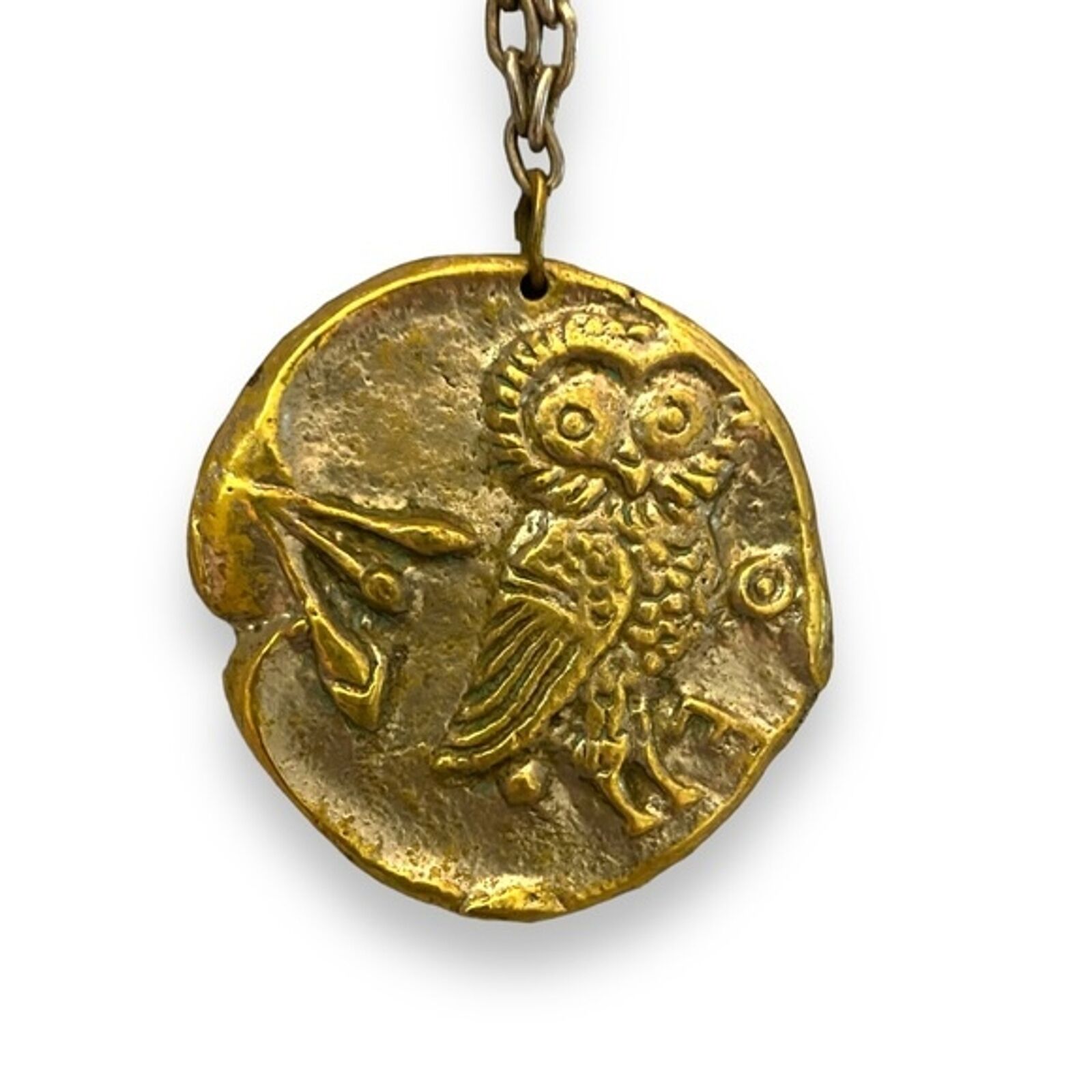 Vintage Brutalist Silver Necklace Greek Owl Coin Reversable
