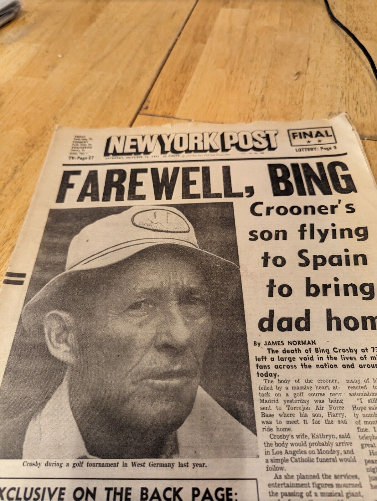 Headline...Bing Crosby Dies