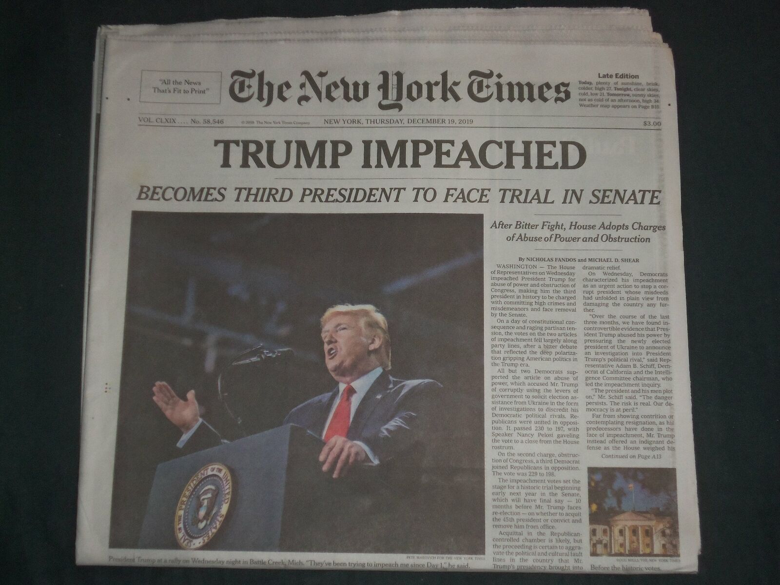 2019 DECEMBER 19 NEW YORK TIMES - PRESIDENT TRUMP IMPEACHED