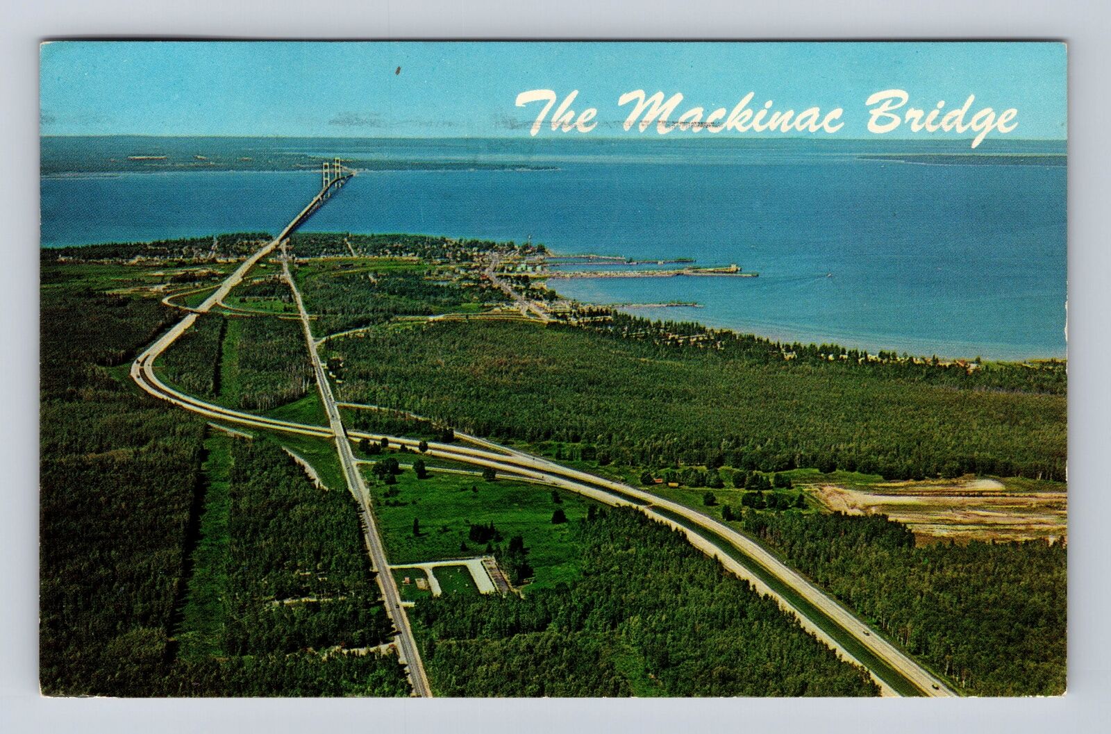Mackinaw City MI-Michigan Aerial View The Mackinac Bridge Vintage c1965 Postcard