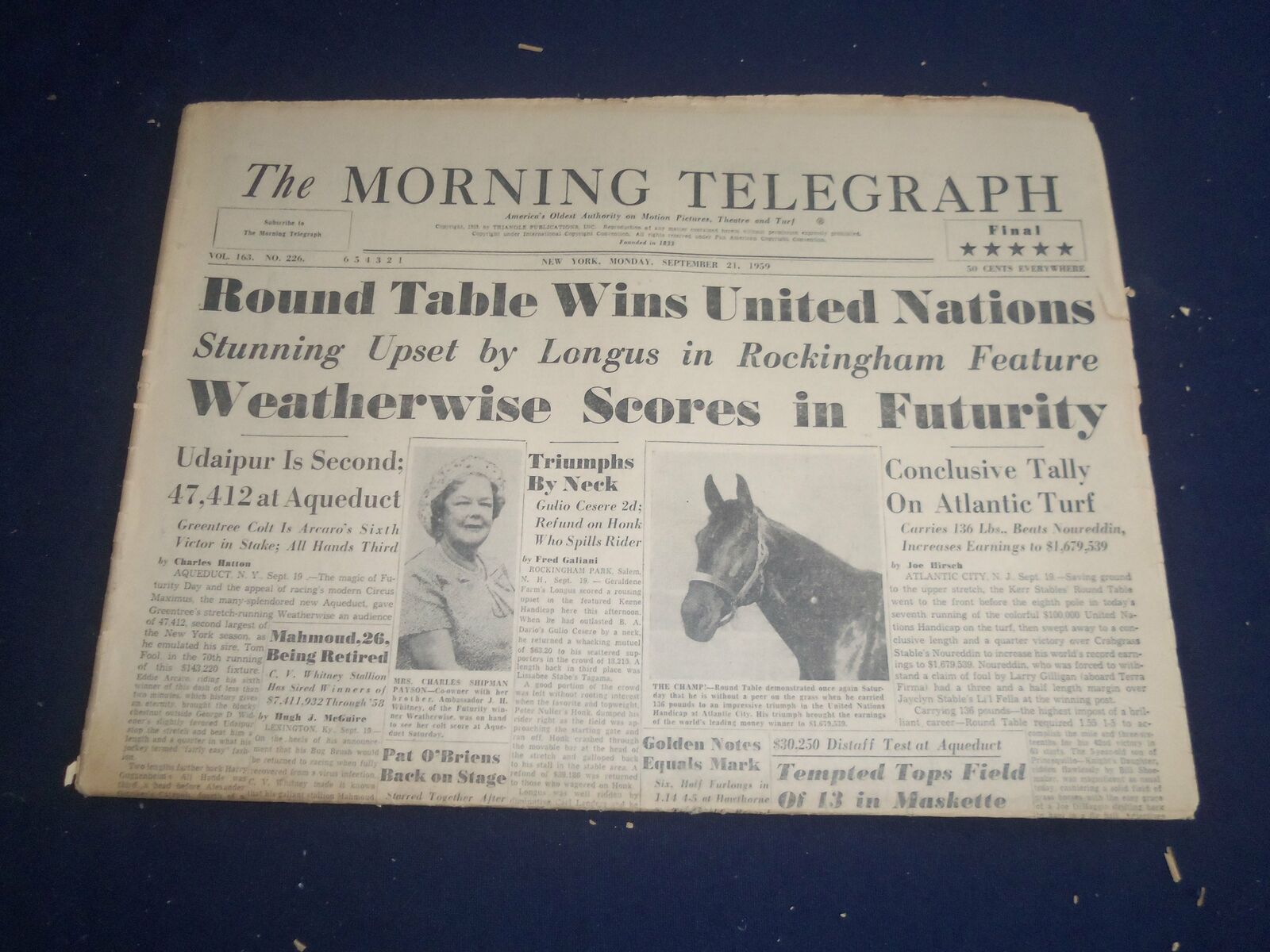 1959 SEP 21 THE MORNING TELEGRAPH - ROUND TABLE WINS UNITED NATIONS - NP 5538