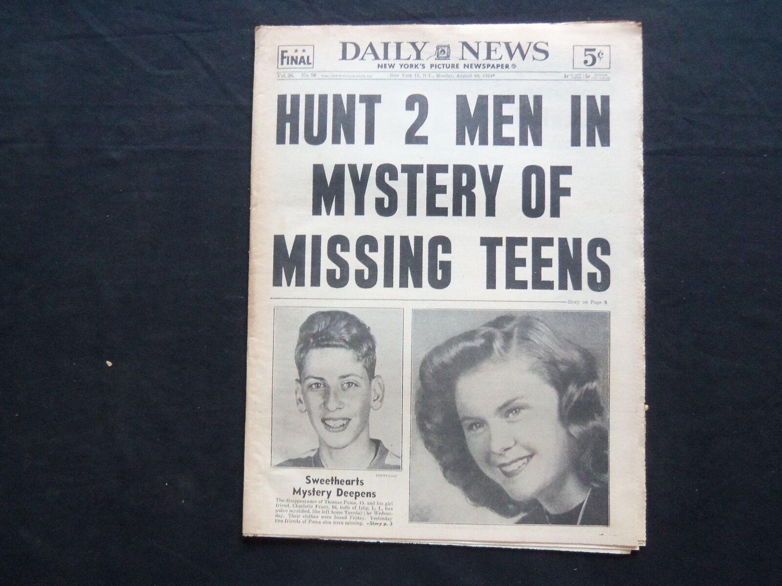 1954 AUGUST 30 NY DAILY NEWS - HUNT MEN IN MYSTERY OF MISSING TEENS - NP 2497