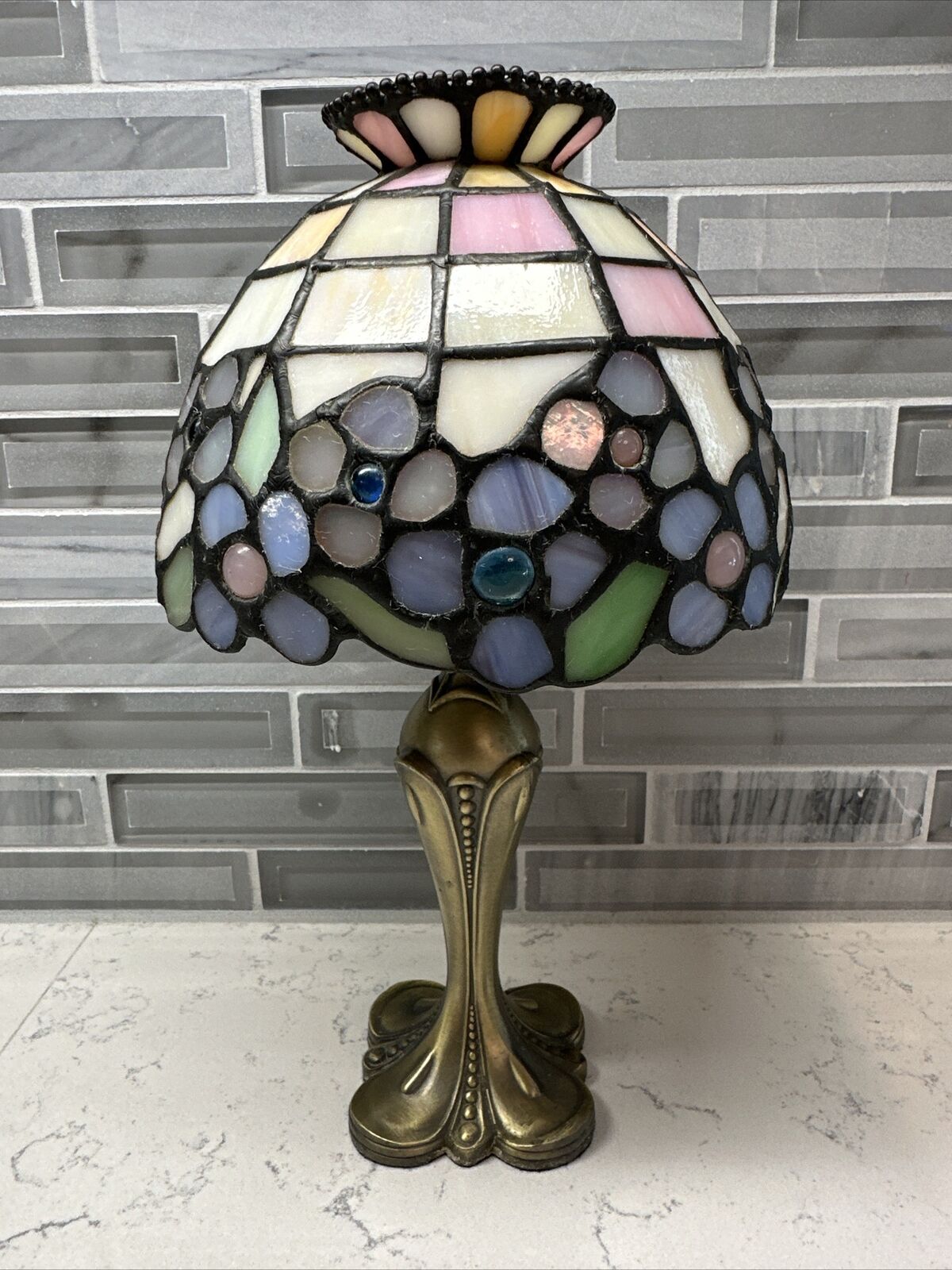 Partylite Stained Glass Hydrangea Flower Lamp Tealight Candle Brass Holder 10.5”