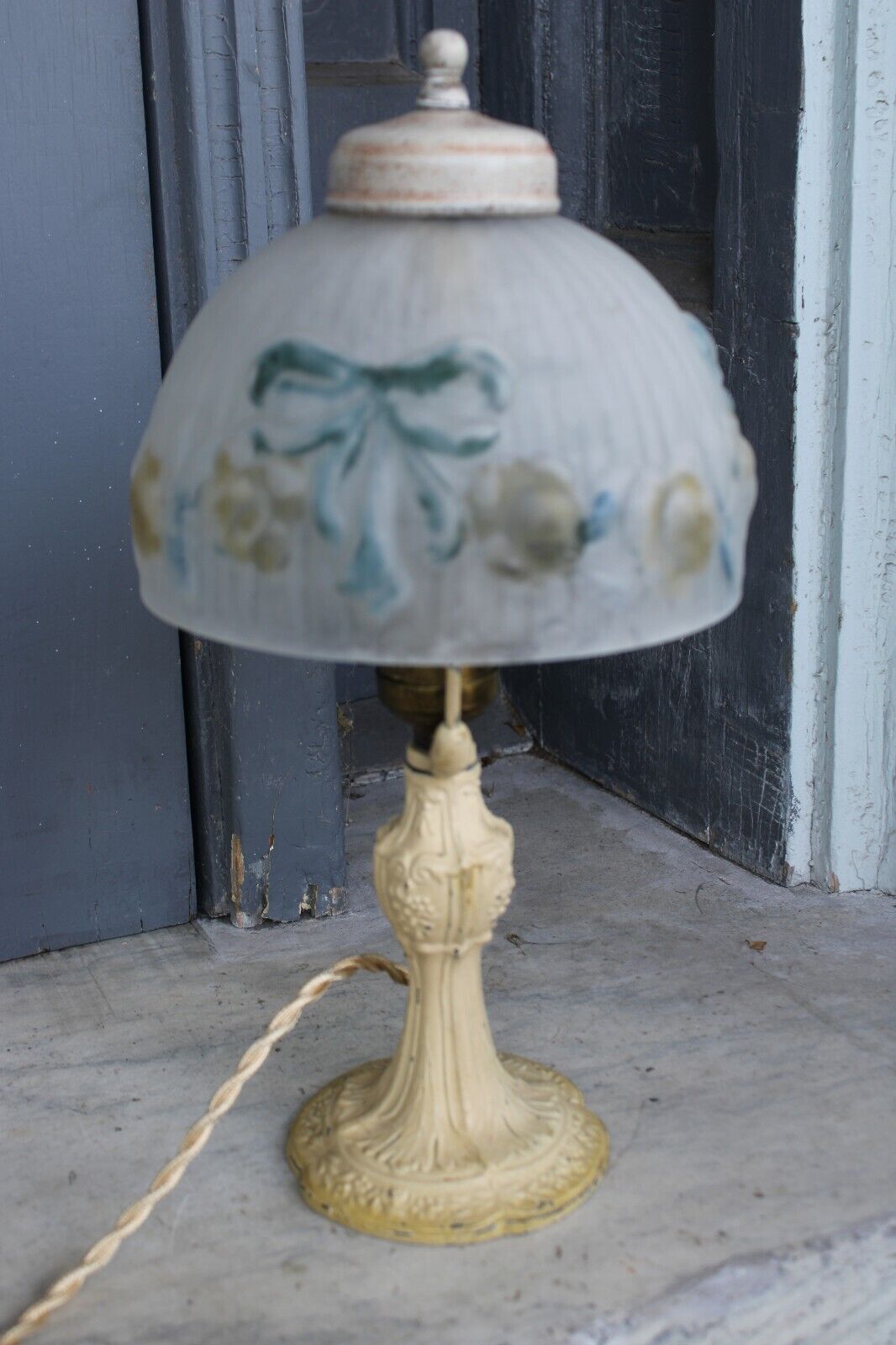 Antique 1930s Reverse Painted Shade Cast Iron Boudoir Lamp (rewired)  Pretty