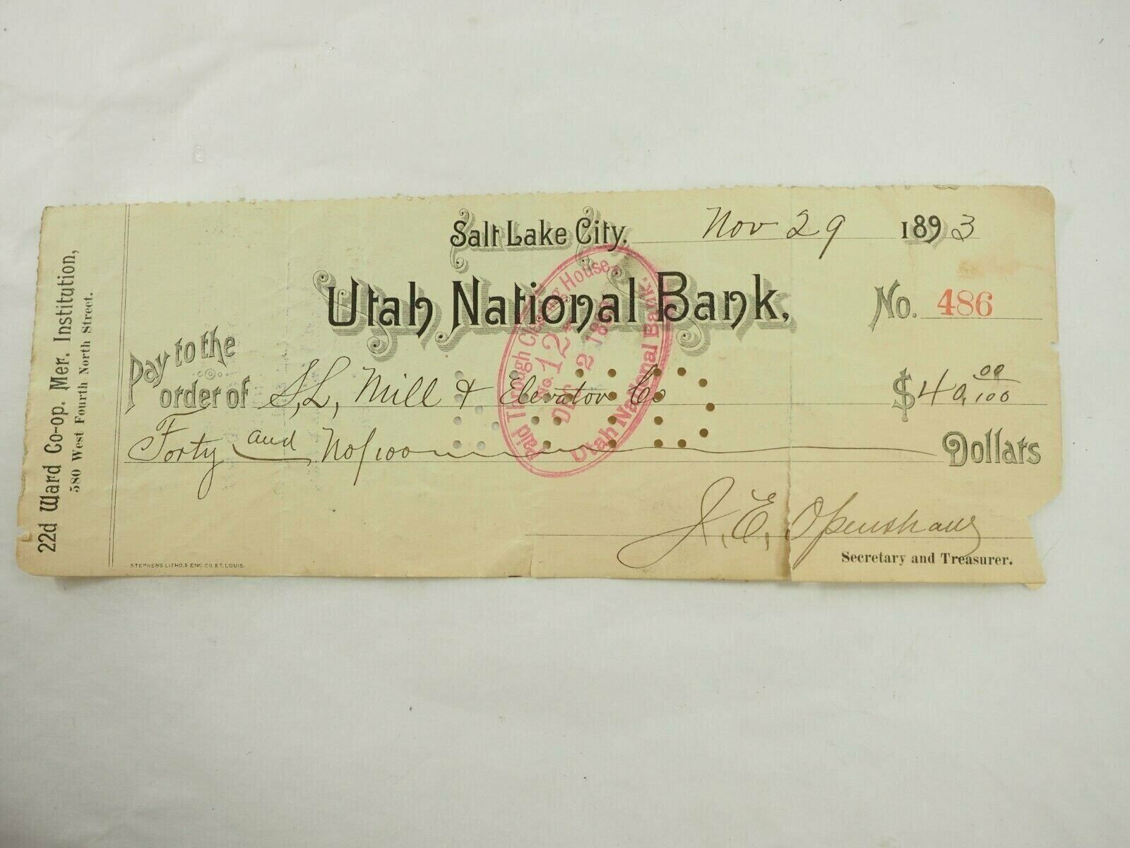 22nd Ward Co-Op to S.L. Mill Elevator Bank Draft Utah National Bank Nov.29,1893