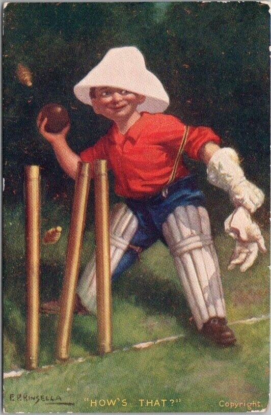 Vintage 1907 CRICKET Sports Greetings Postcard HOW'S THAT? Artist E.P. KINSELLA