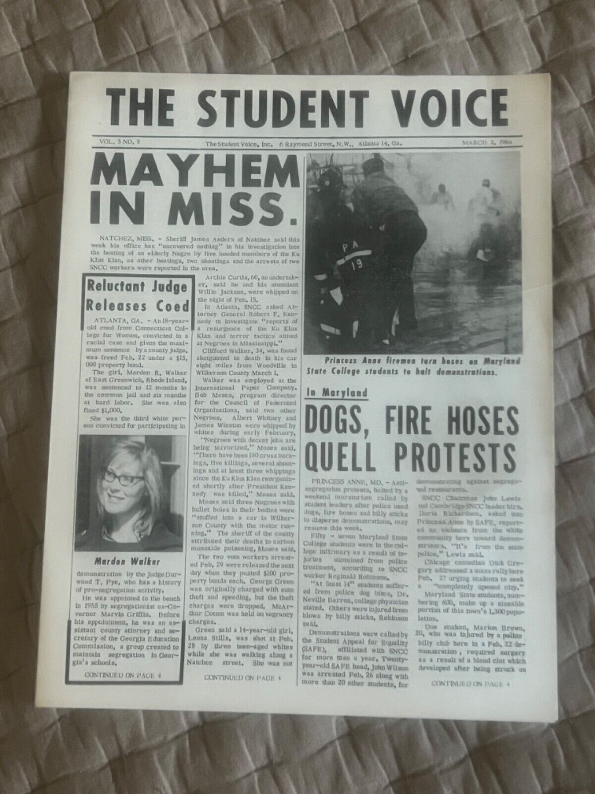 Rare Black Americana Civil Rights SNCC Newsletter The Student Voice March 1964