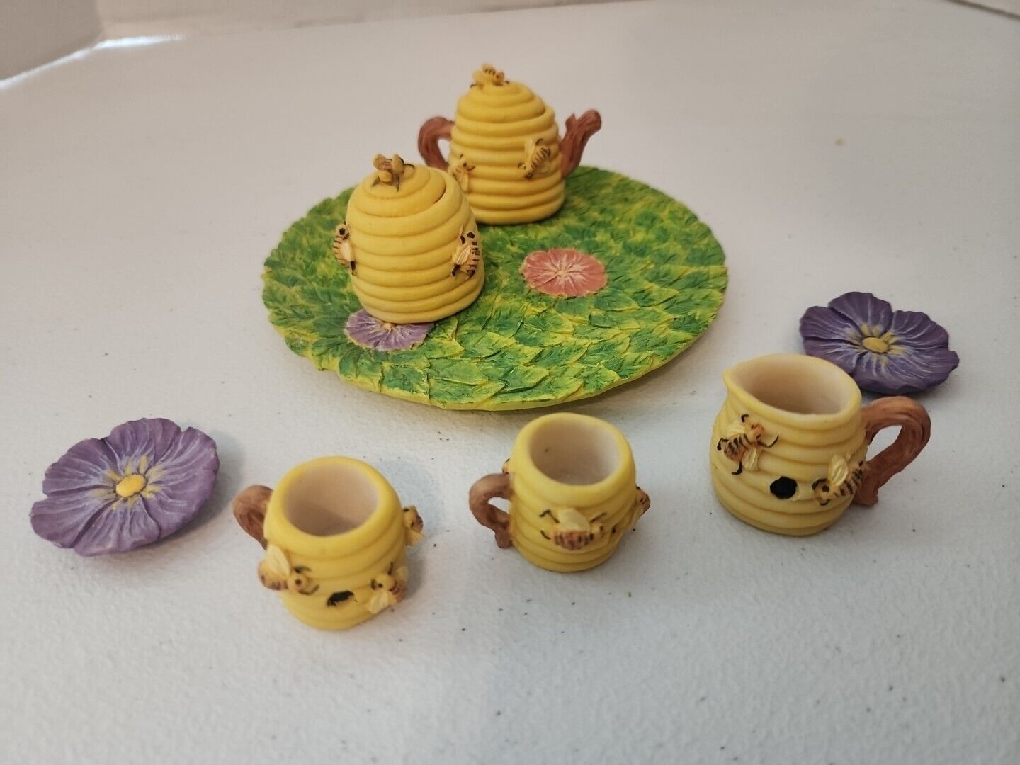 Miniature Bee Tea Party Set Vintage~1996 Resin Hive Floral Honey Pot 10pc