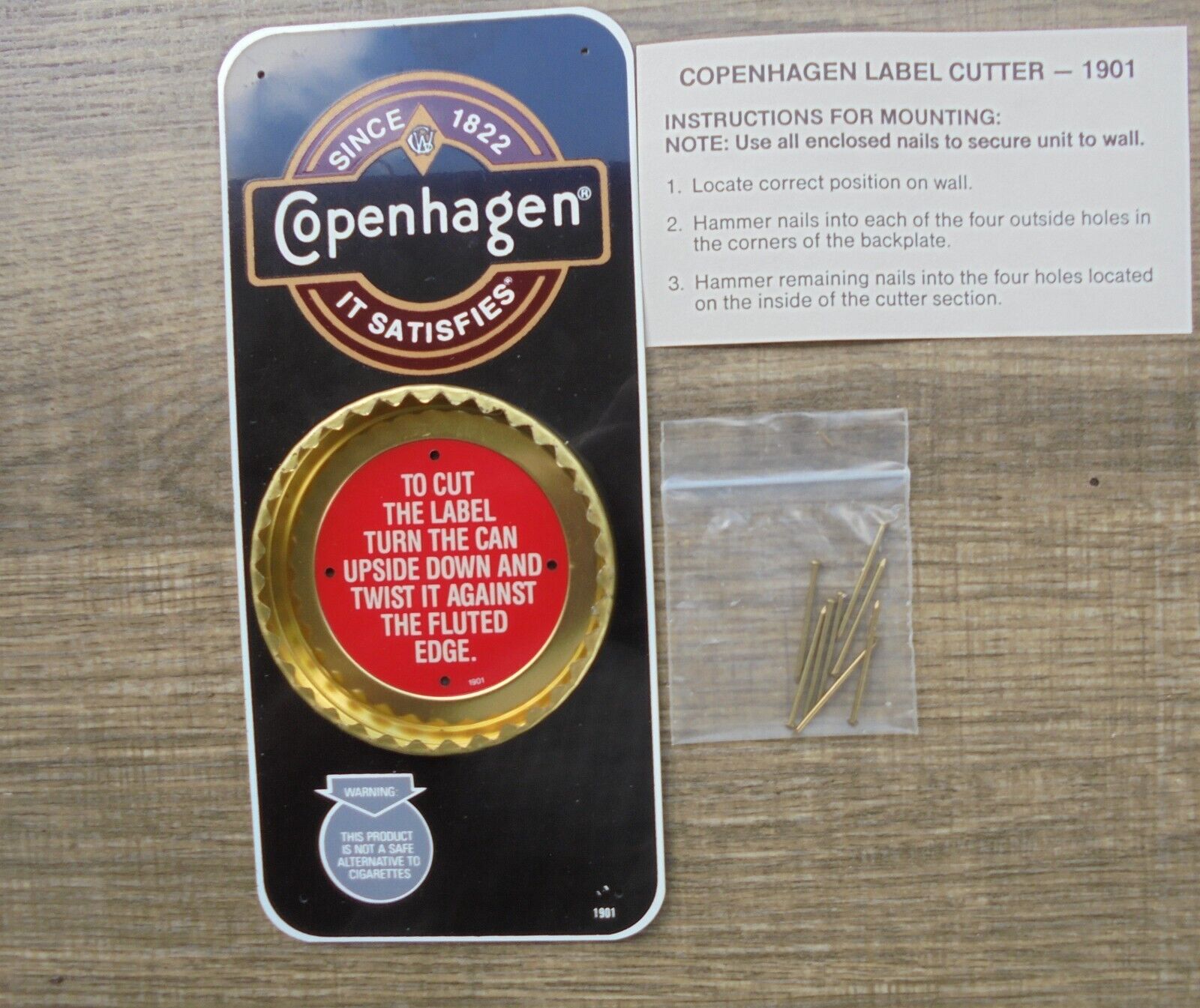 Copenhagen snuff tobacco can lid cutter sign/opener for wall or counter NEW/PKG