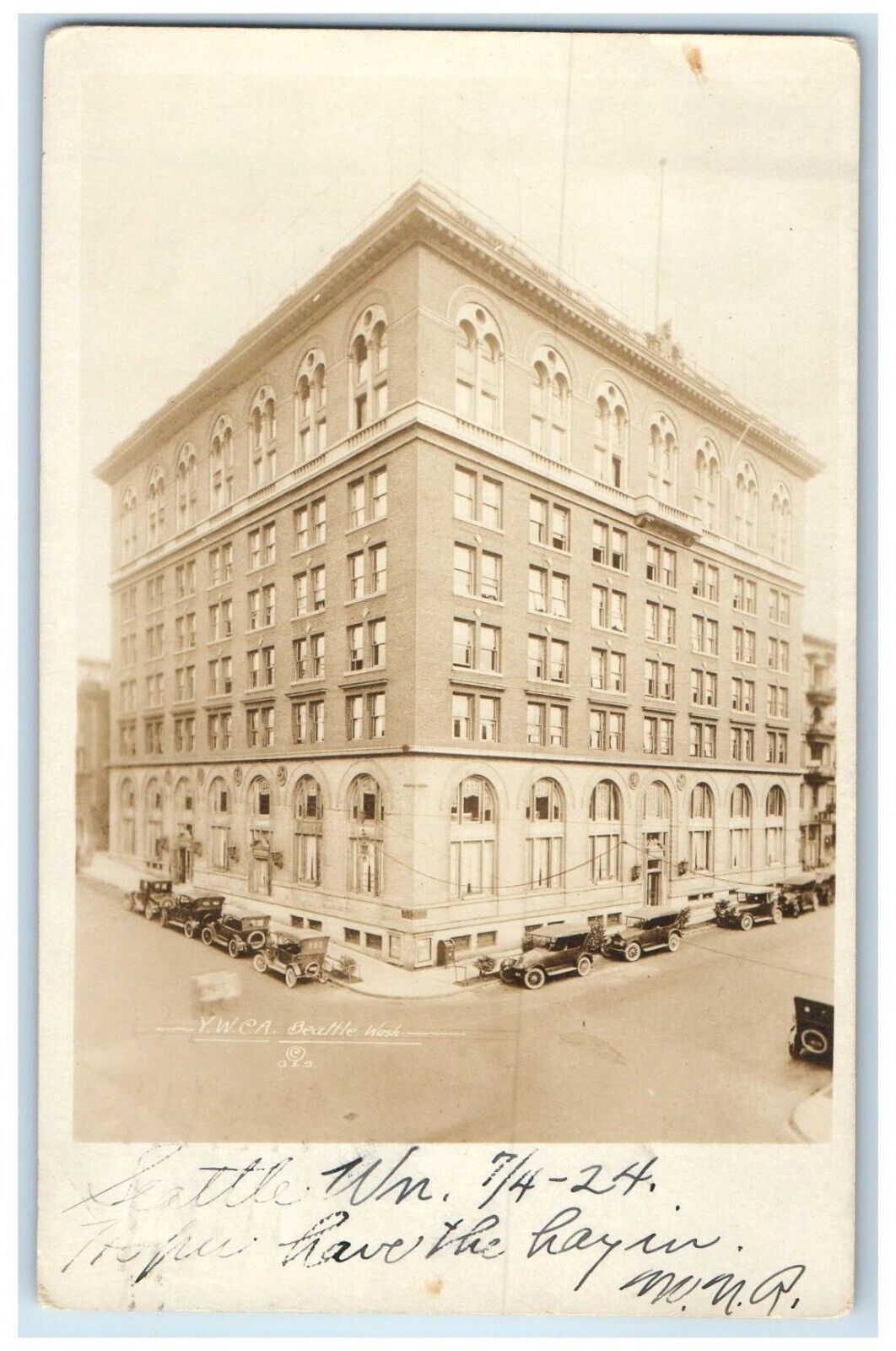 1924 YWCA Building Cars Street View Seattle Washington WA RPPC Photo Postcard