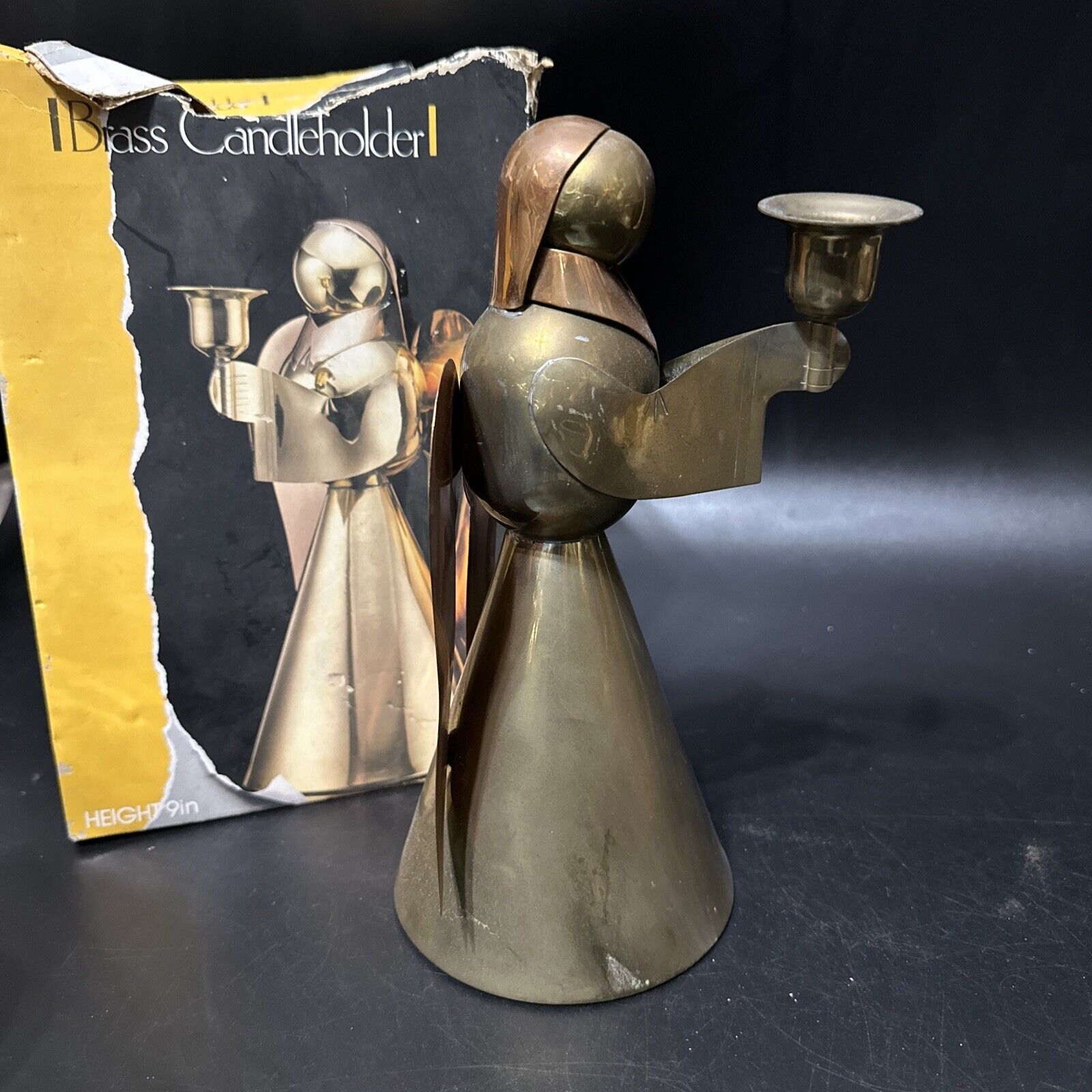 Vintage Brass Metal Mid Century Angel Candle Holder Made In Hong Kong 9”T 4.5”W