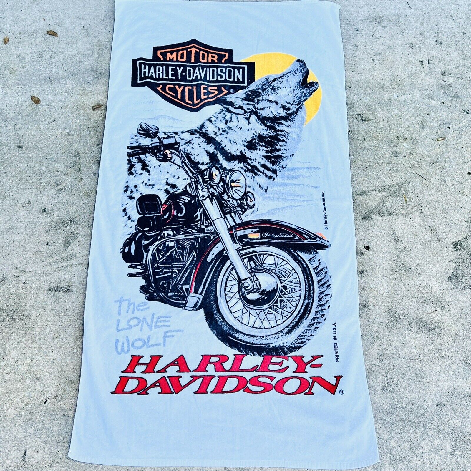 VTG Harley Davidson Motorcycles Lone Wolf Beach Towel White Cotton Franco 56x29