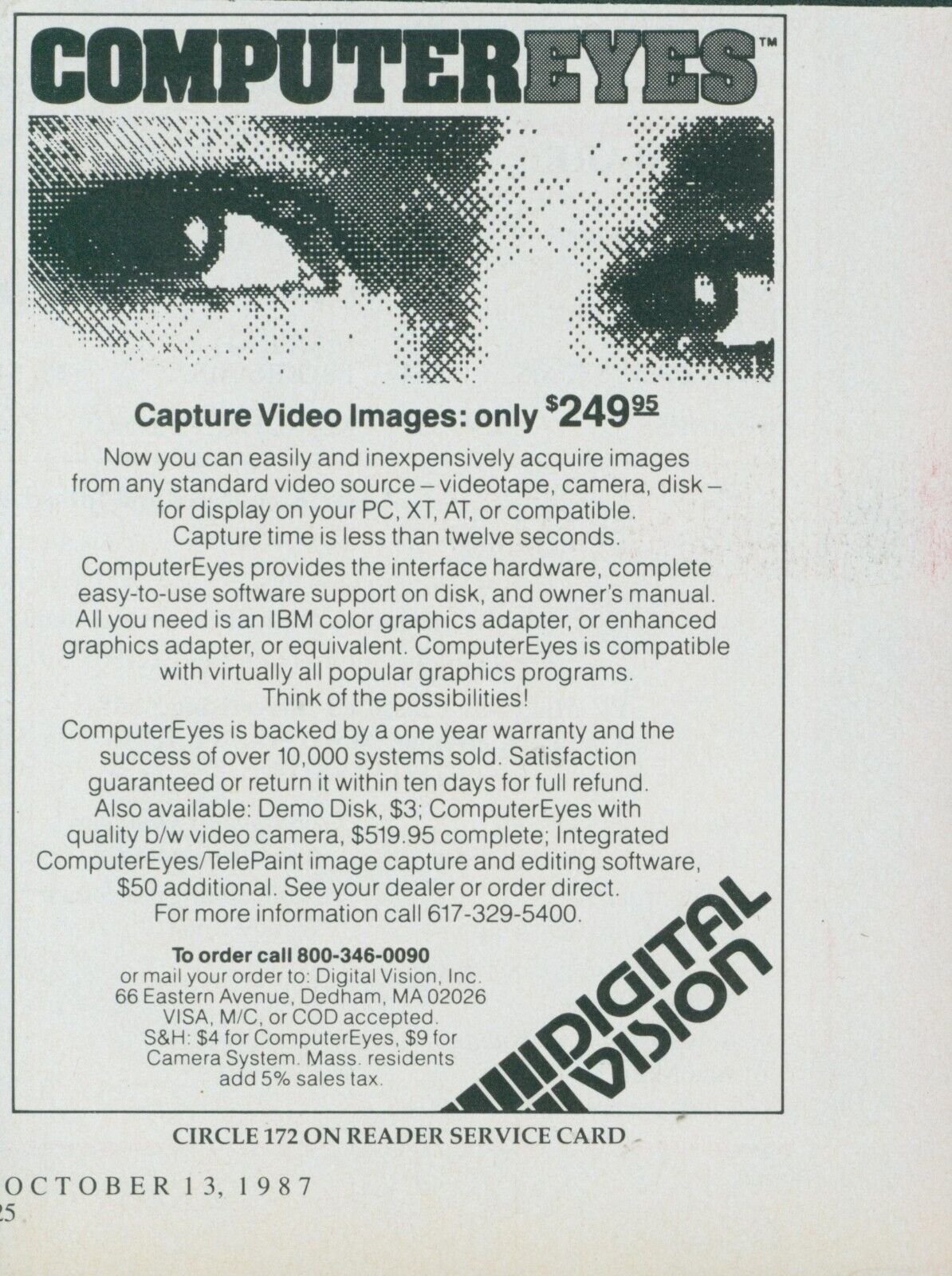 1987 Computer Eyes Capture Video Images Hardware Software Digital Vision Ad PC2