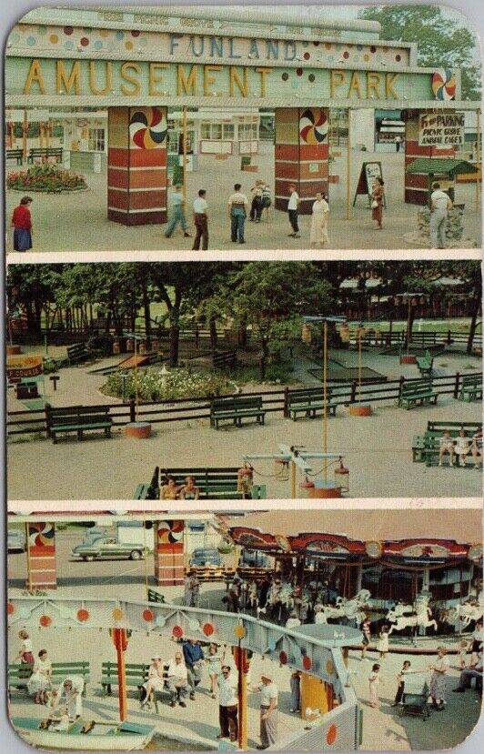Vintage 1954 YORK BEACH, Maine Postcard FUNLAND PARK / 3 Views / Amusement Park
