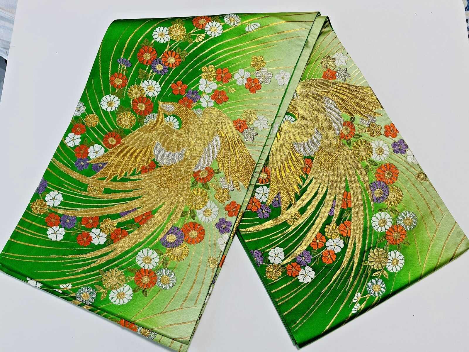 JAPANESE KIMONO BELT VINTAGE FUKURO OBI GREEN GOLD PURE SILK Gorgeous From Japan