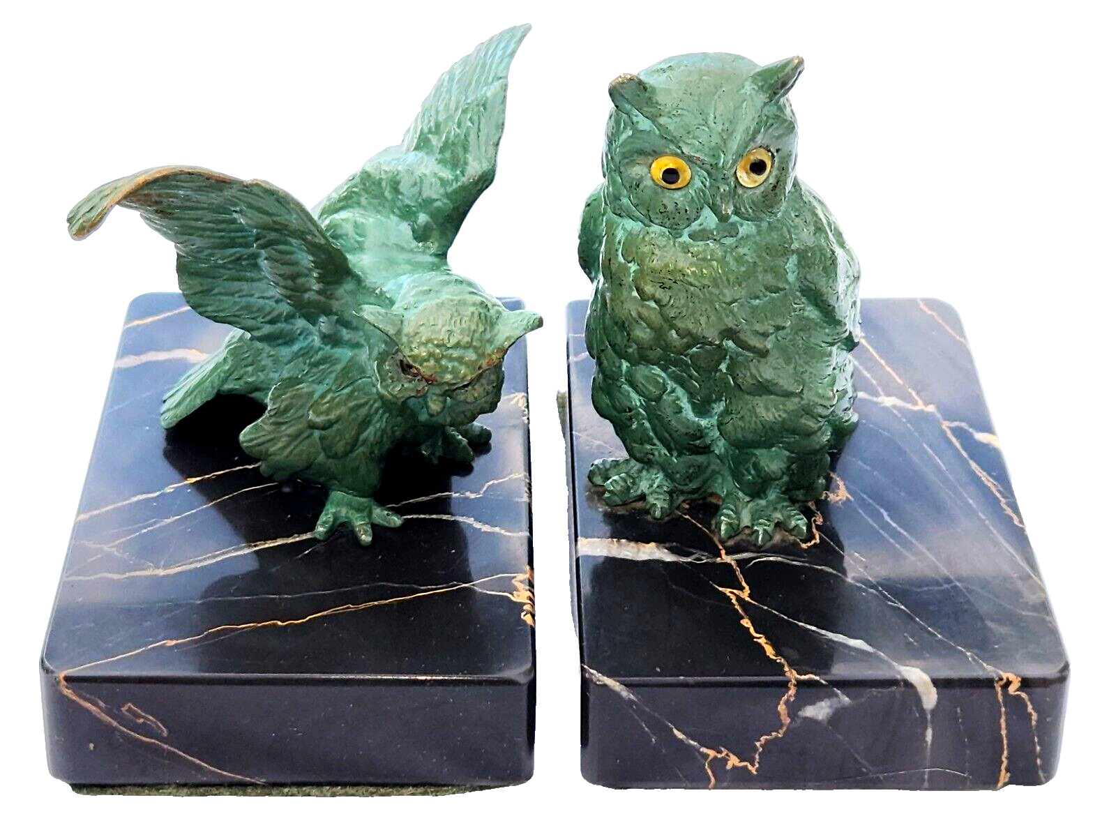 2 Antique Austrian Cold Painted Bronze Owl Sculptures Marble Bases Paperweights 