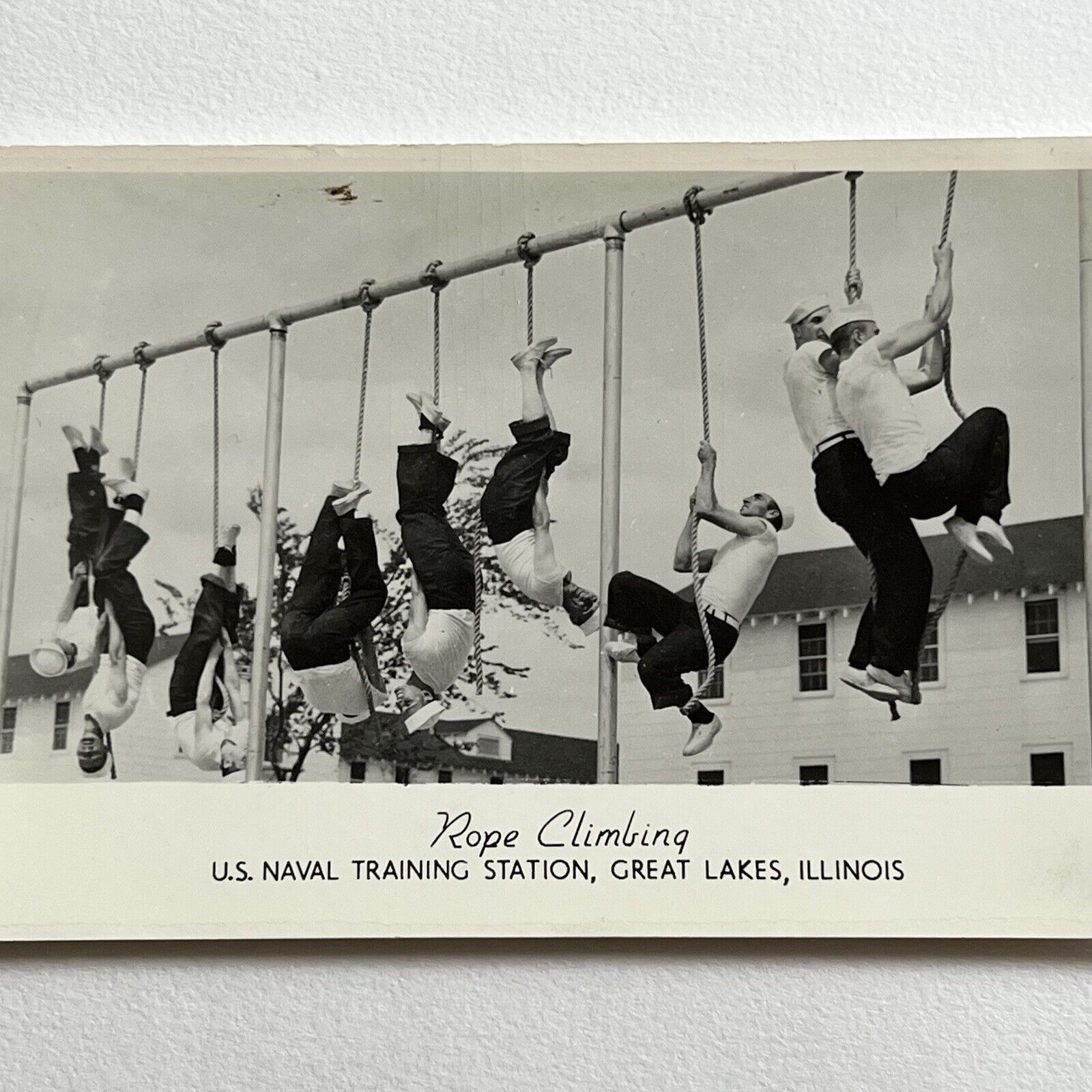 Vintage RPPC Real Photograph Postcard Men Rope Climbing US Naval Great Lakes IL