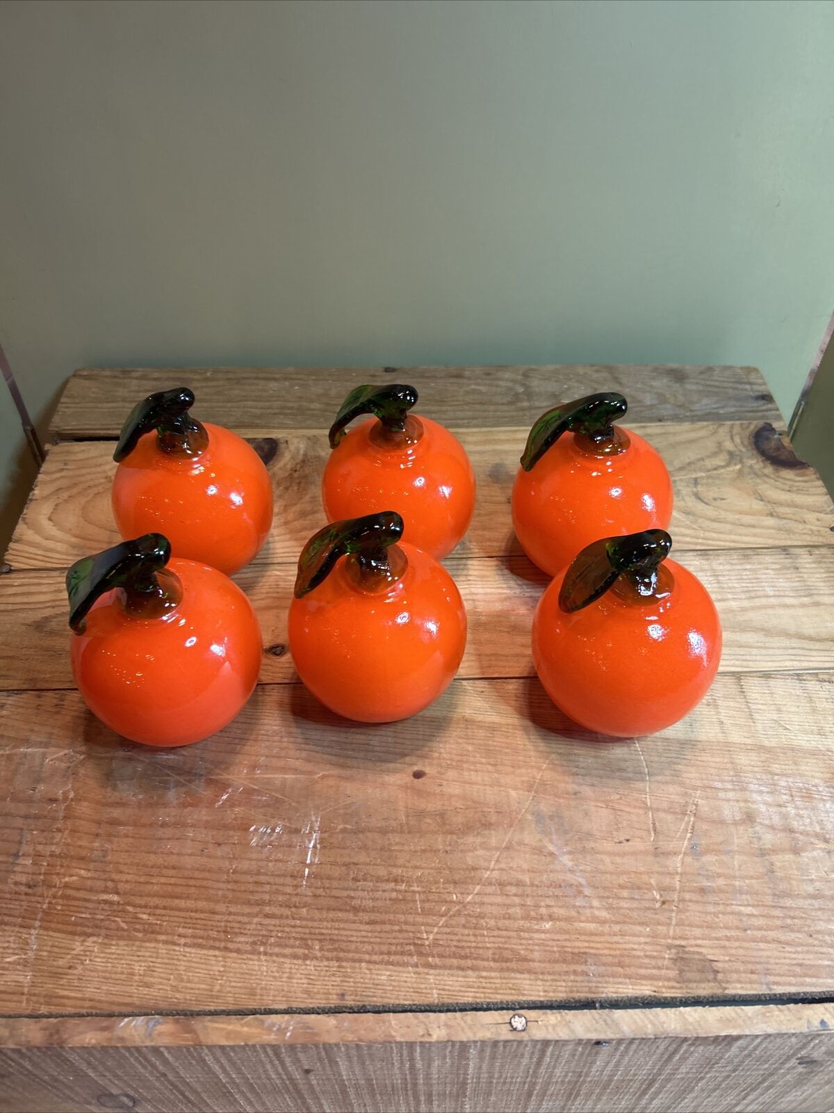 6 Vintage Mid Century Handmade Art Glass Orange Fruit