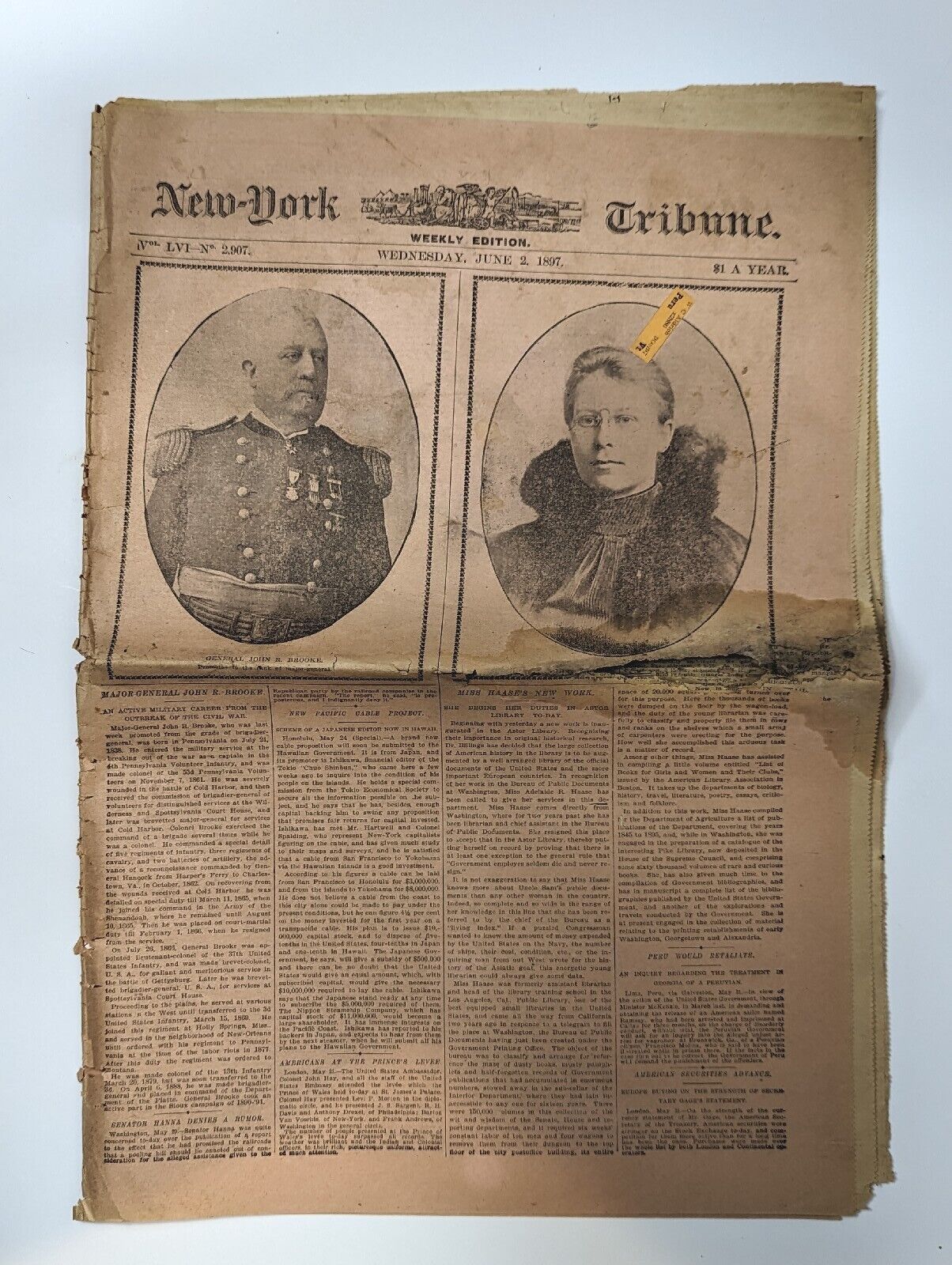 1887 New York Tribune Historic Newspaper Jun 2, 1887 - Damage Antique