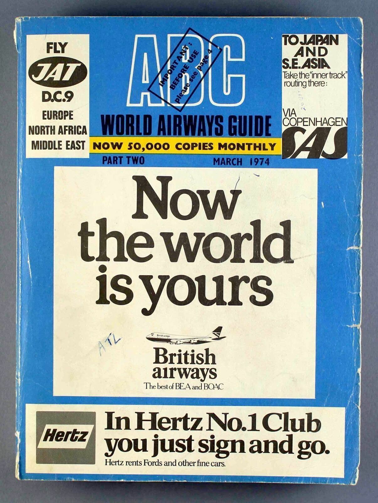 ABC WORLD AIRWAYS GUIDE MARCH 1974 AIRLINE TIMETABLE PART TWO BLUE BOOK UTA MEA