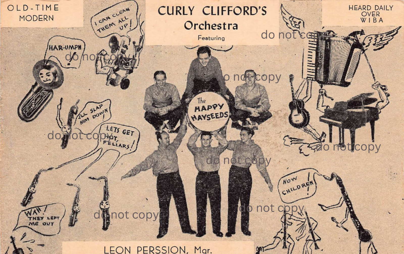 The Happy Hayseeds Curly Clifford\'s Orchestra WIBA Radio Station Vtg Postcard A7