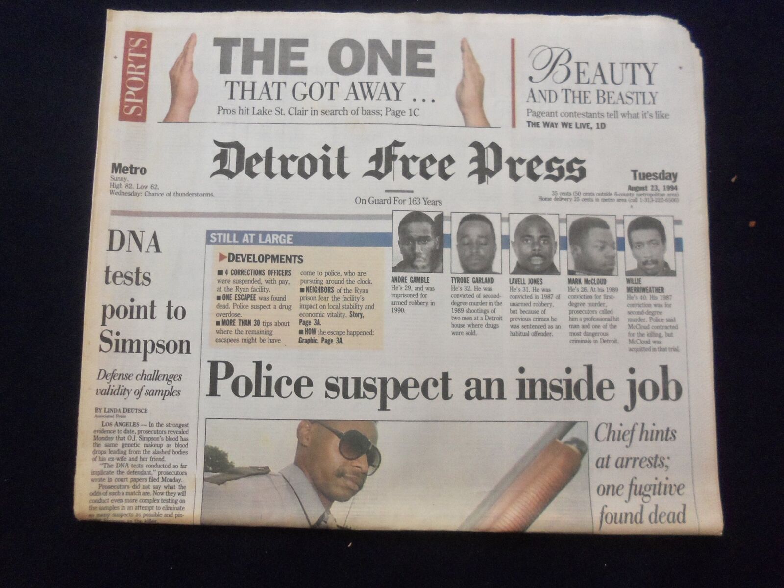 1994 AUG 23 DETROIT FREE PRESS NEWSPAPER - DNA TESTS POINT TO SIMPSON - NP 7245