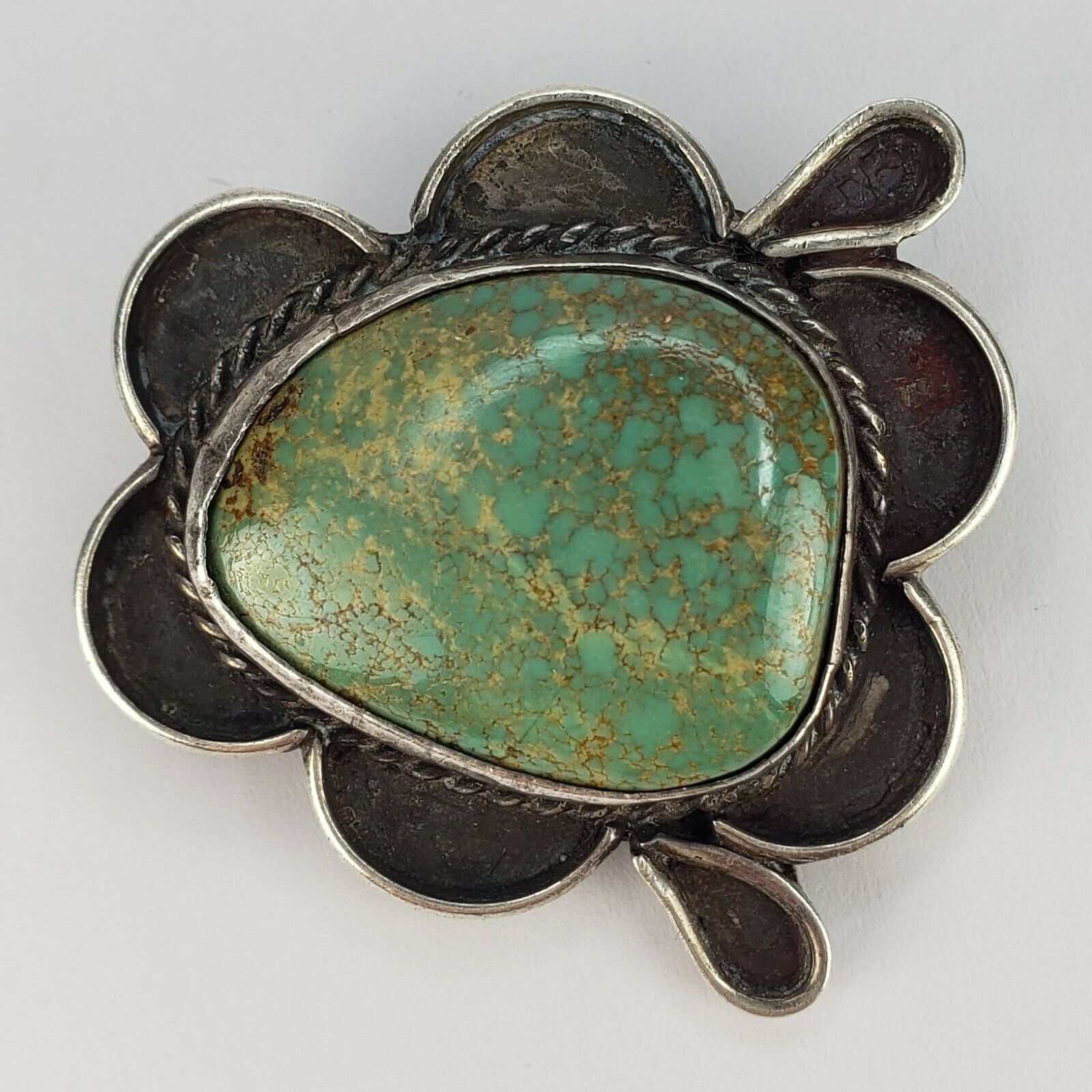 Vintage Native American Navajo Sterling Silver 925 Green Turquoise Brooch Pin