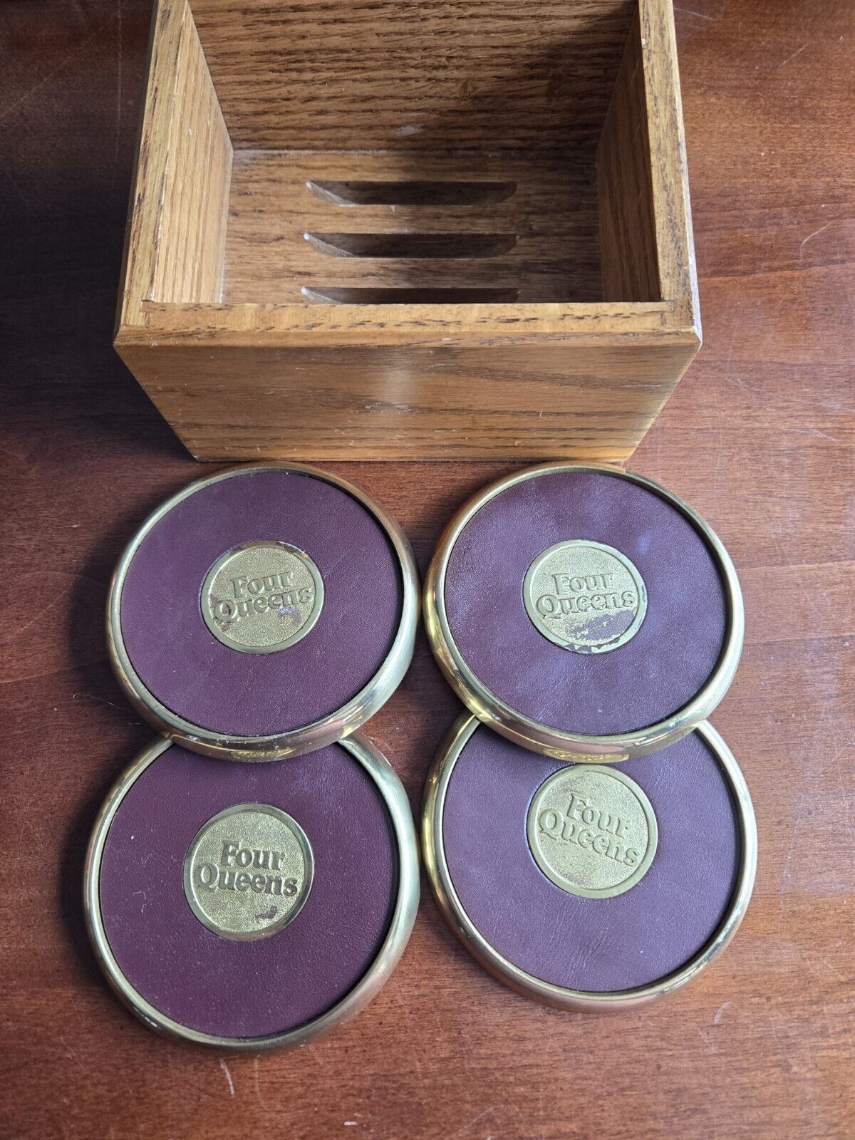 Vintage Four Queens Casino Las Vegas Brass Leather Coasters Set Of Four In Box 