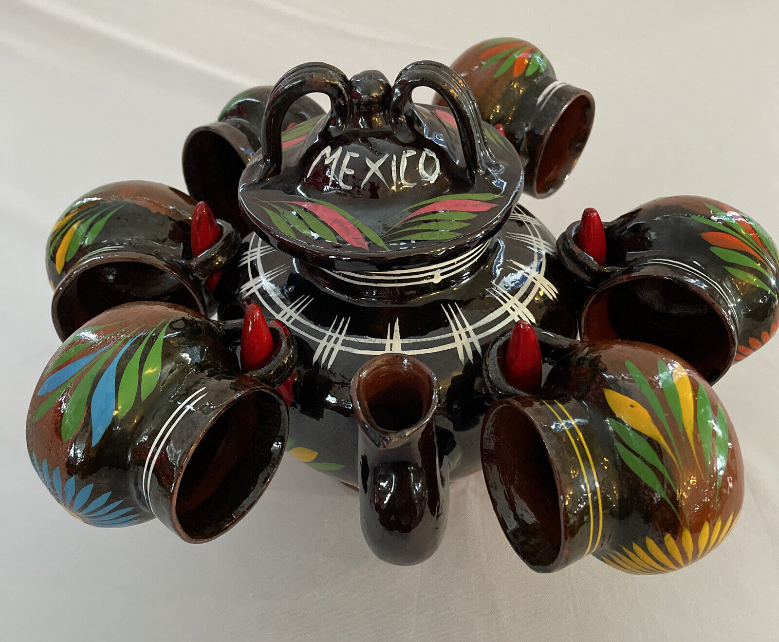 Vintage Mexican Redware Pottery Tea Pot & Cups Hand Painted Folk Art Mexico 1995