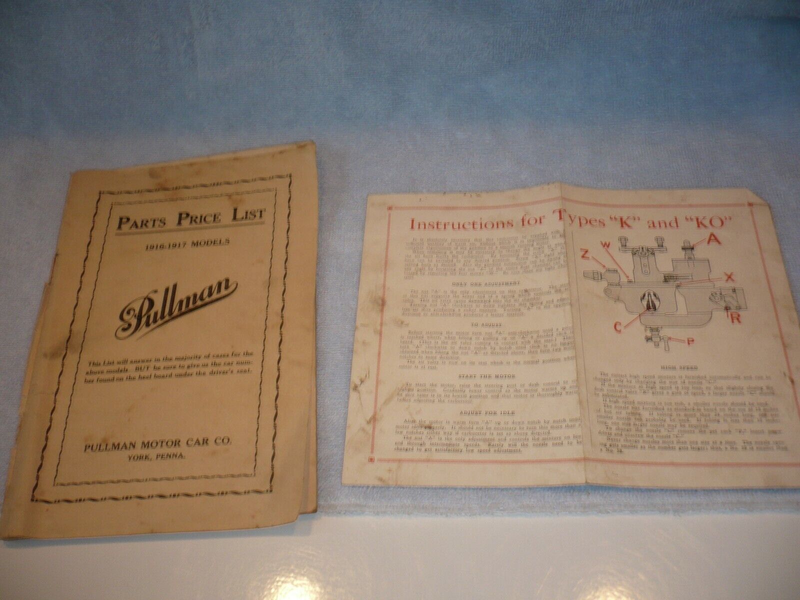  1916-1917 pullman motor car company york pa parts price list 