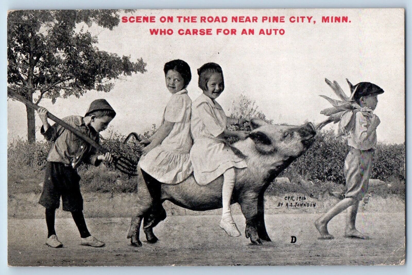 Pine City Minnesota Postcard Scene Road Children Riding Pig Playing 1910 Antique