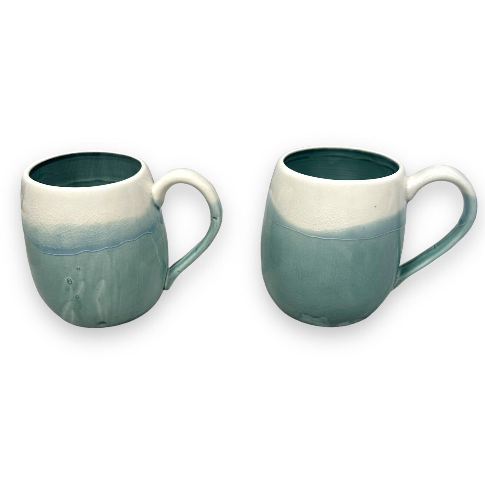 Anthropologie Cabarita Coffee Mug Teal White Earthenware Crackle Glazed Lot of 2