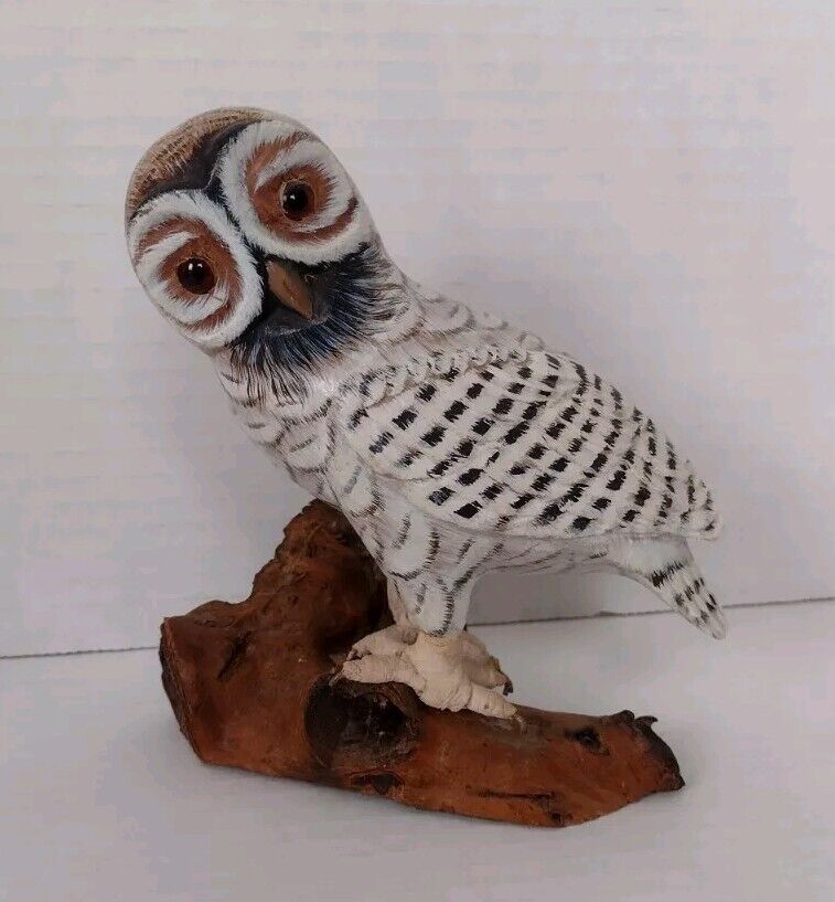 Vtg Owl Hand Carved and Painted Wood Figurine On Log Art by John J Madison Co.