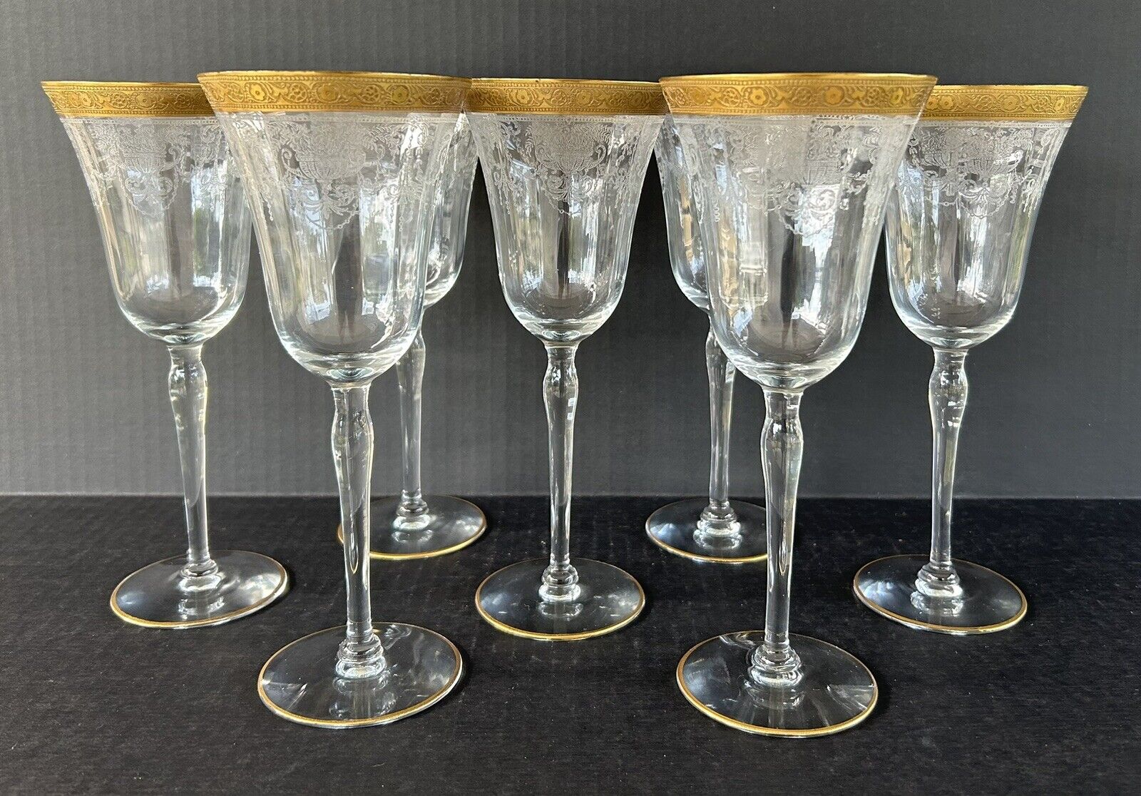 Vintage Etched Water Wine Goblets Glasses 8 3/4” Set of 7 Gold Encrusted c1930