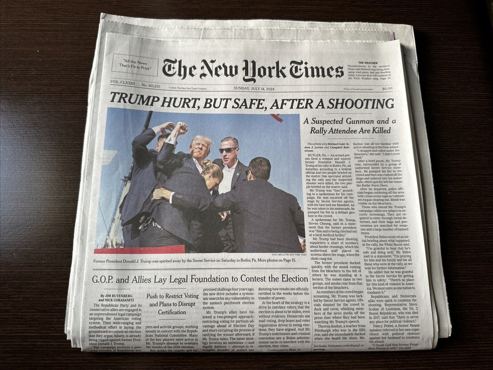The New York Times July 14 2024, Donald Trump Hurt After Shooting. Newspaper.