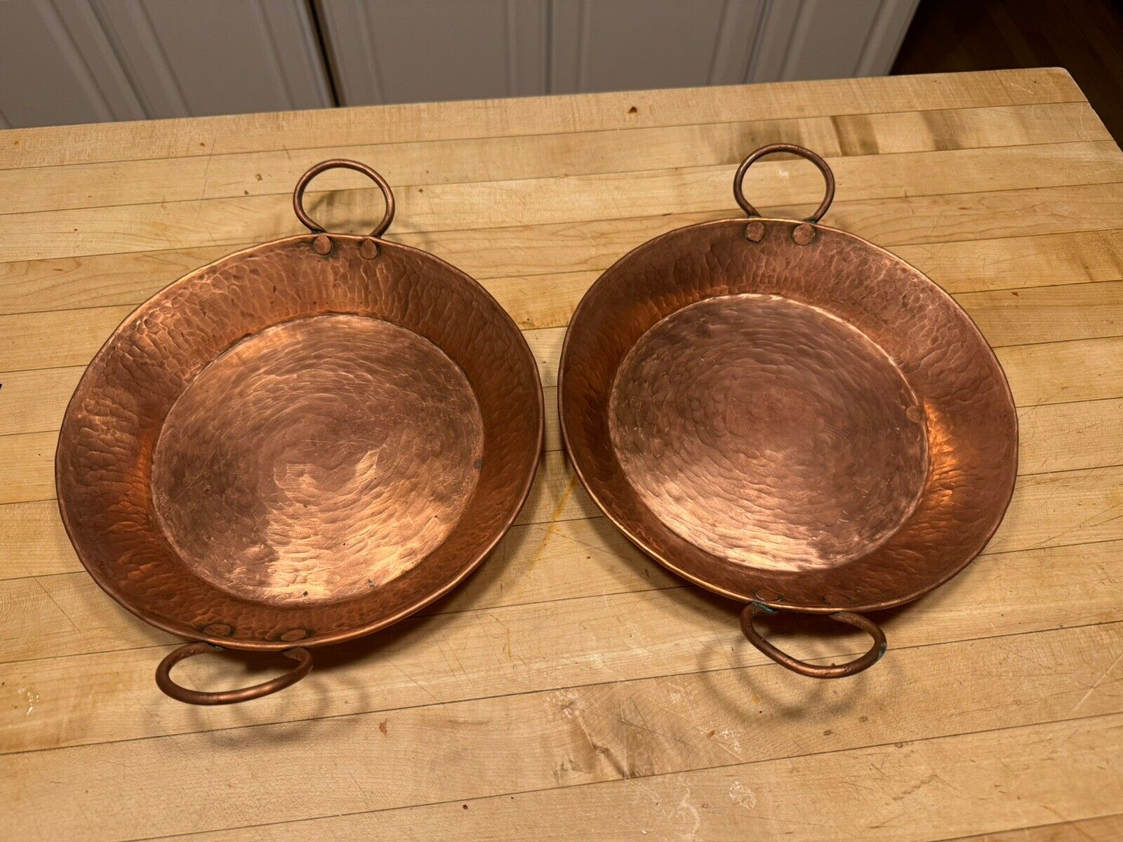 2 Vintage Antique Hand Hammered Copper Pan / Pot Handles 9 1/2” Heavy & Thick