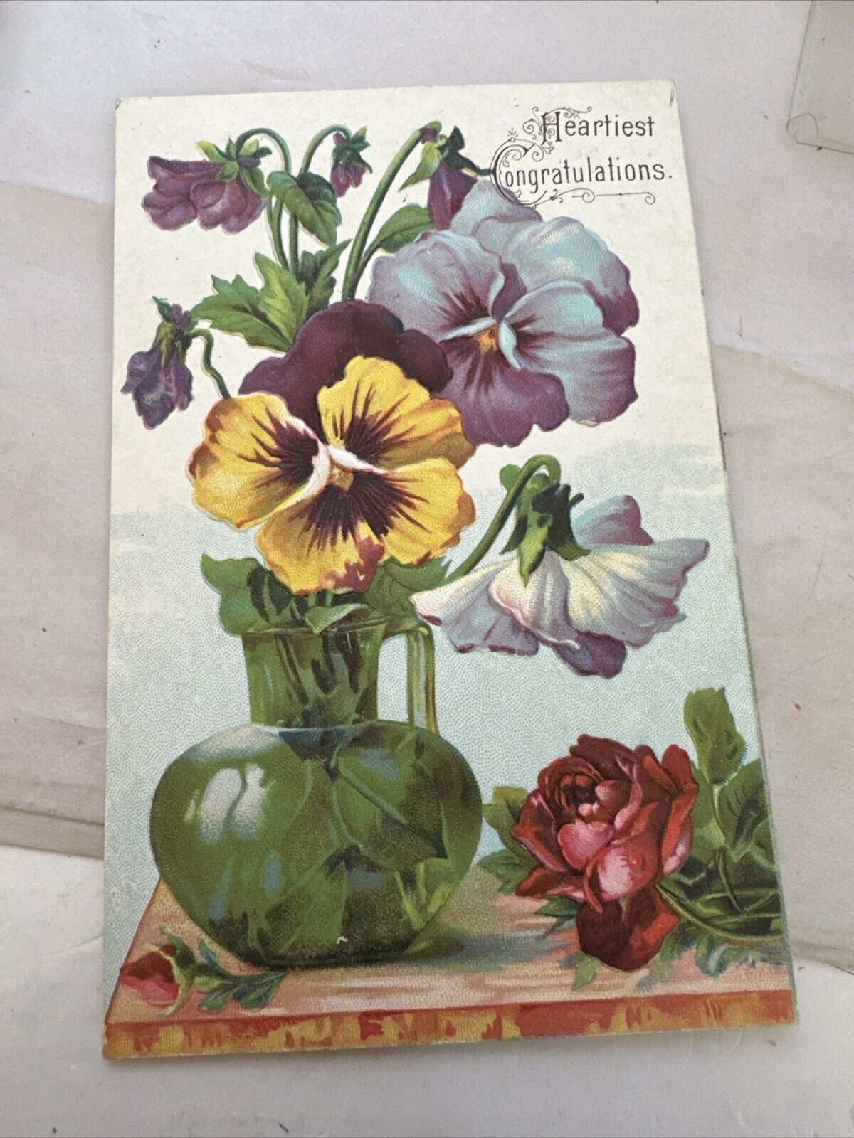 Antique Postcard Vase Of Pansies Heartiest Congratulations SL & Co. #594