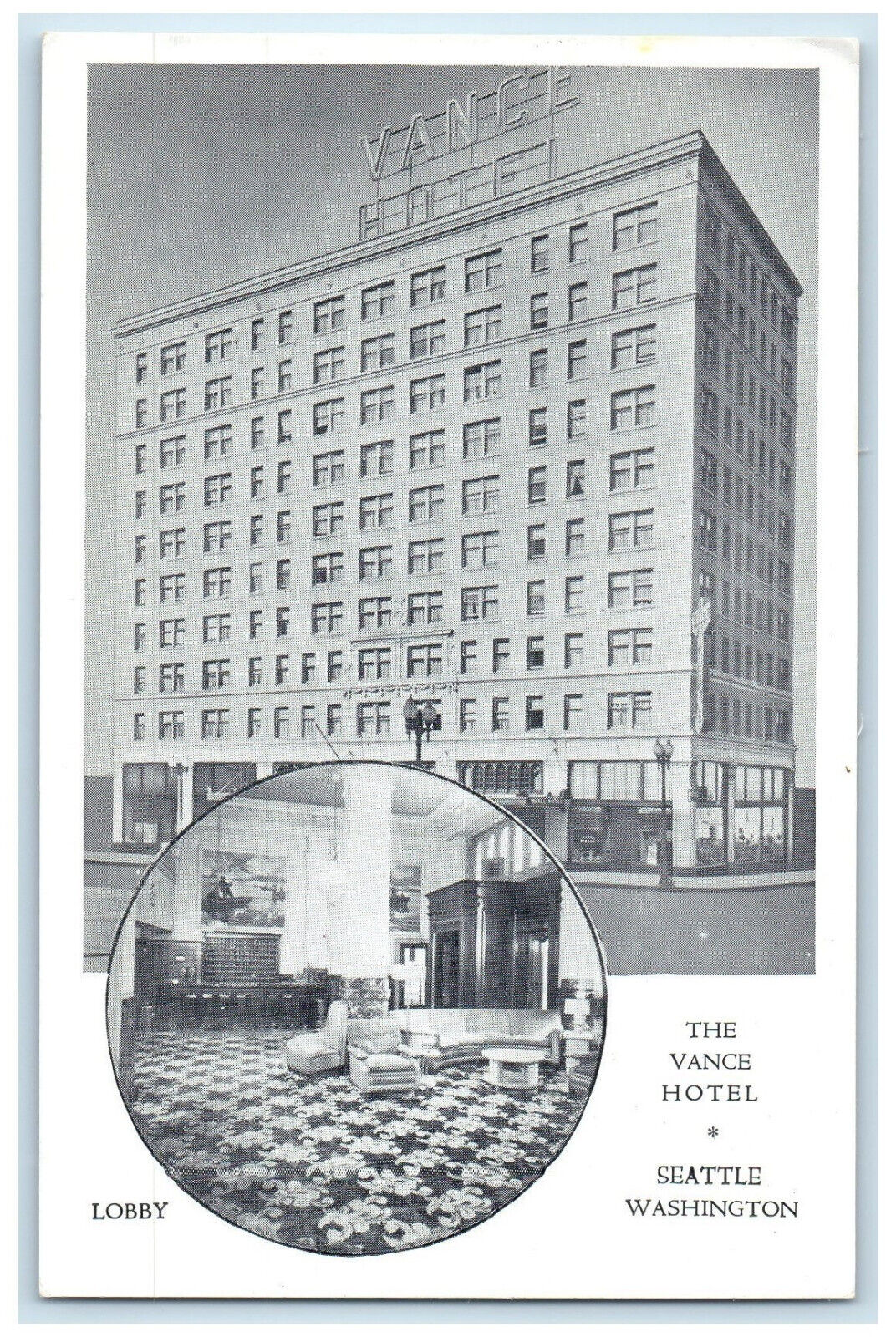 c1950's Lobby View The Vance Hotel Seattle Washington WA Vintage Postcard