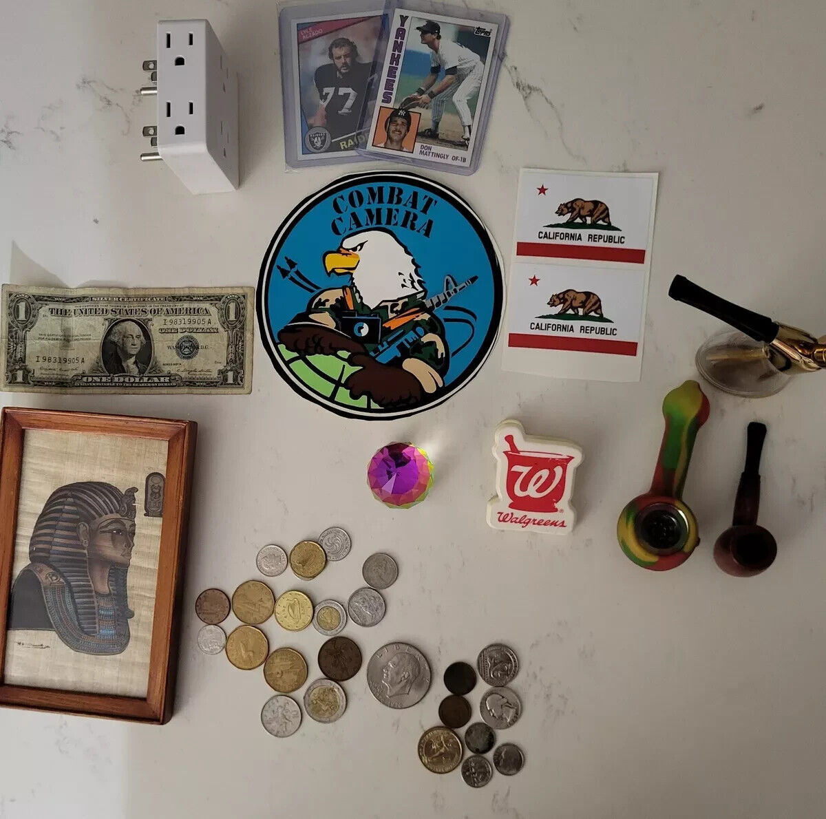  Junk Drawer lot sports cards, pipes, coins,