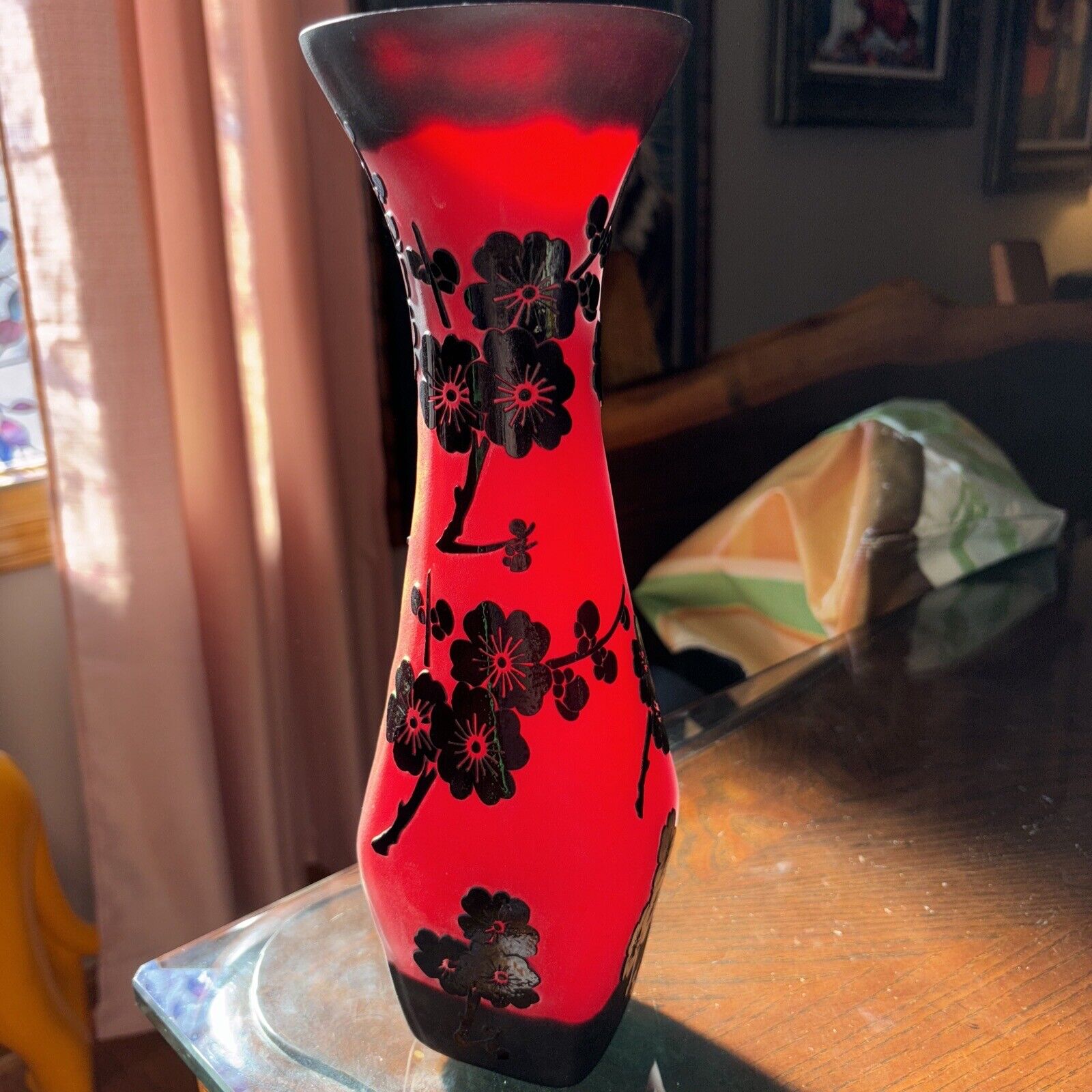 12” Vase Rare  Peking Cameo Glass Frosted Black Gloss Cherry Blossoms Stunning