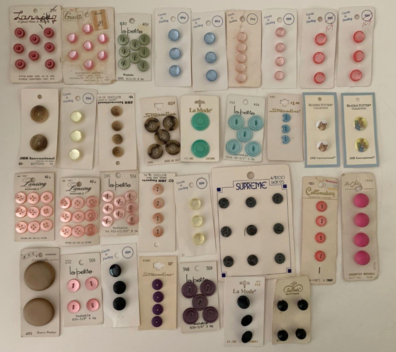 Vtg Lot of 33 Packs Sewing Buttons on Cards La Petite, Lansing Costumakers , JHB