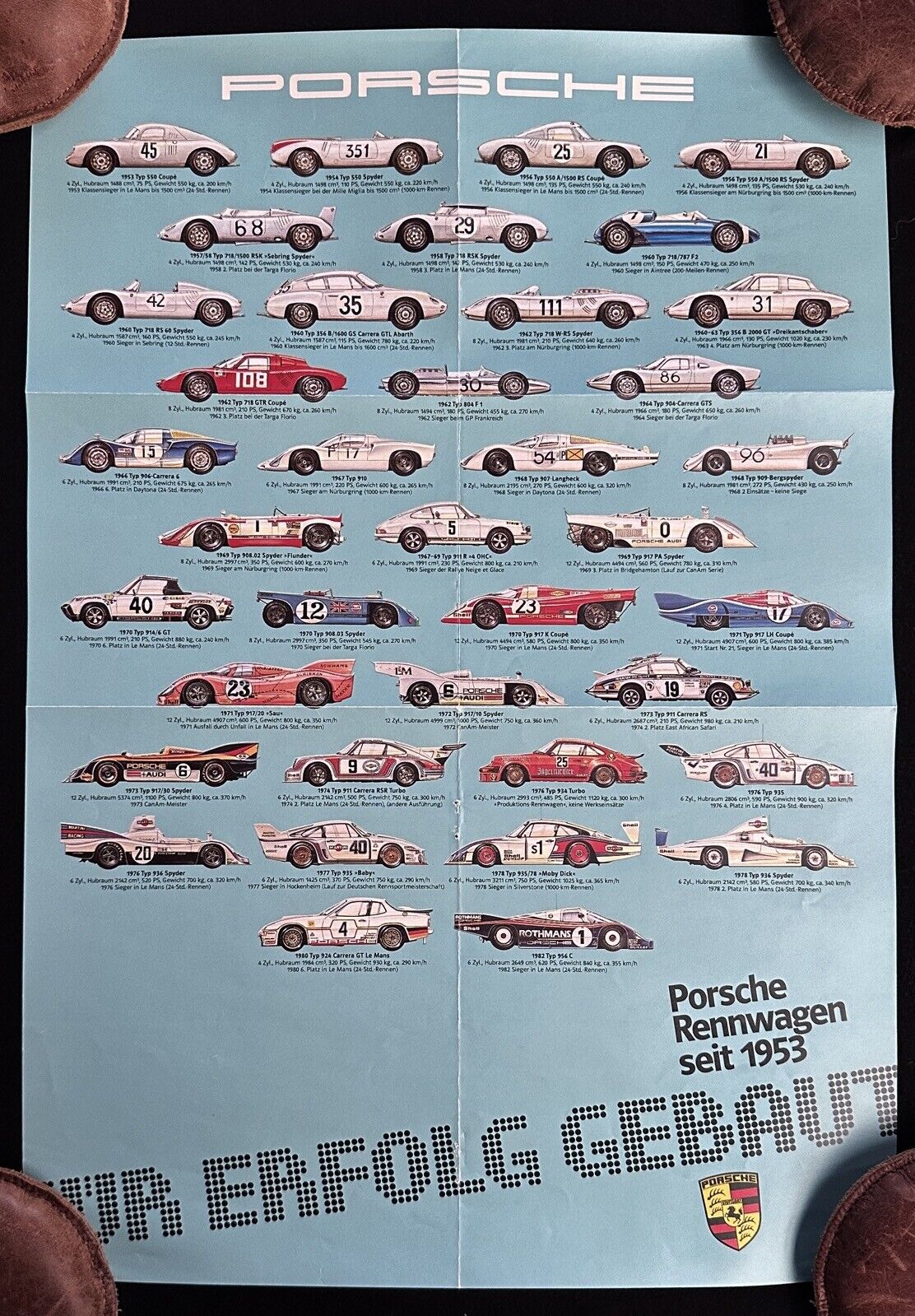 PORSCHE Rennwagen Seit 1953-1982 Small Poster 956 935 Moby Dick 917 911 718 550